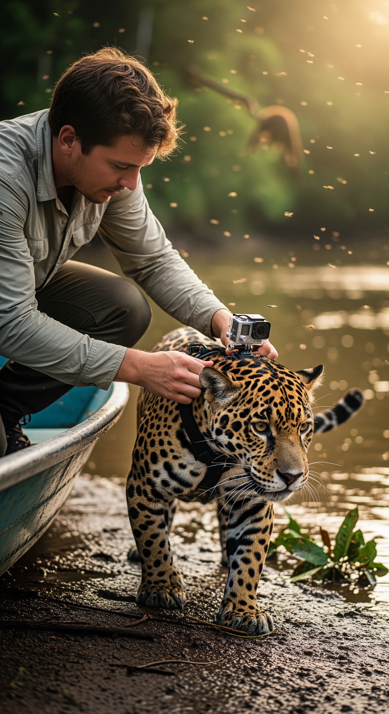 AI Design for Ultra-realistic cinematic wildlife documentary footage. A wildlife researcher kneels on a muddy Amazon riverbank beside a narrow research boat at sunrise. Close-up of rough hands carefully attaching a small body-mounted action camera harness onto the neck and shoulders of a powerful jaguar. Natural handheld camera movement captures every detail: wet fur glistening with river mist, buckles tightening, researcher breathing heavily, insects buzzing, distant howler monkeys echoing through the jungle. The jaguar shifts its weight nervously, muscles rippling beneath spotted fur. Water gently laps against the boat. Volumetric morning light filters through dense rainforest canopy. Extreme close-ups of the camera locking into place. The researcher steps back and releases the jaguar. The animal sprints into dense vegetation as leaves whip past the lens. Realistic physics, dynamic shadows, immersive ambient soundscape, cinematic depth of field, nature documentary realism, 4K wildlife cinematography.