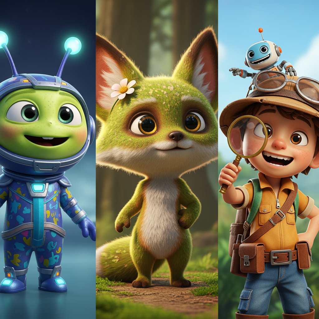 AI Design for Make me three character images that will make the kids continue the video when they see them and the characters will be in Ultra HD quality 8K hyper realistic.