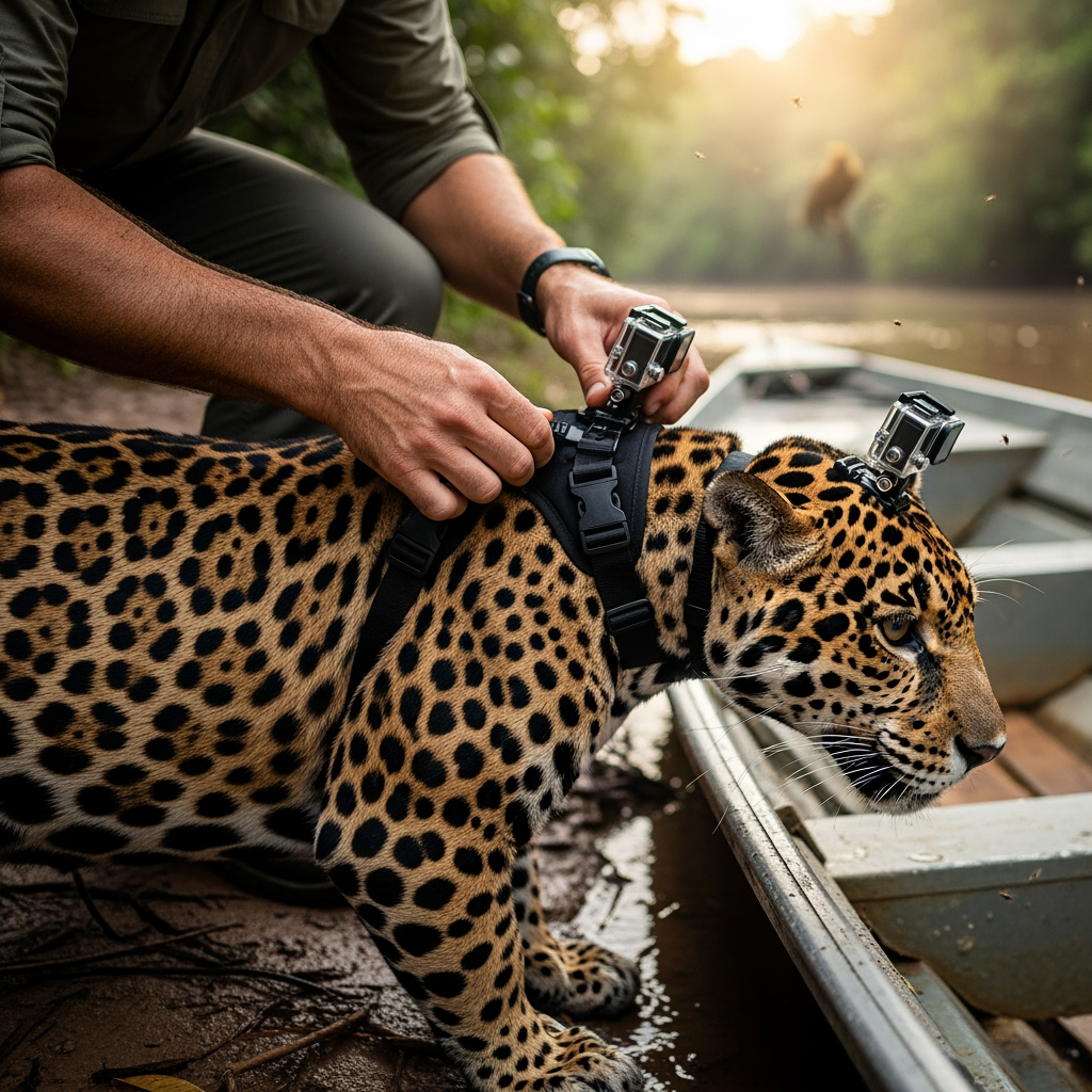 AI Design for Ultra-realistic cinematic wildlife documentary footage. A wildlife researcher kneels on a muddy Amazon riverbank beside a narrow research boat at sunrise. Close-up of rough hands carefully attaching a small body-mounted action camera harness onto the neck and shoulders of a powerful jaguar. Natural handheld camera movement captures every detail: wet fur glistening with river mist, buckles tightening, researcher breathing heavily, insects buzzing, distant howler monkeys echoing through the jungle. The jaguar shifts its weight nervously, muscles rippling beneath spotted fur. Water gently laps against the boat. Volumetric morning light filters through dense rainforest canopy. Extreme close-ups of the camera locking into place. The researcher steps back and releases the jaguar. The animal sprints into dense vegetation as leaves whip past the lens. Realistic physics, dynamic shadows, immersive ambient soundscape, cinematic depth of field, nature documentary realism, 4K wildlife cinematography.