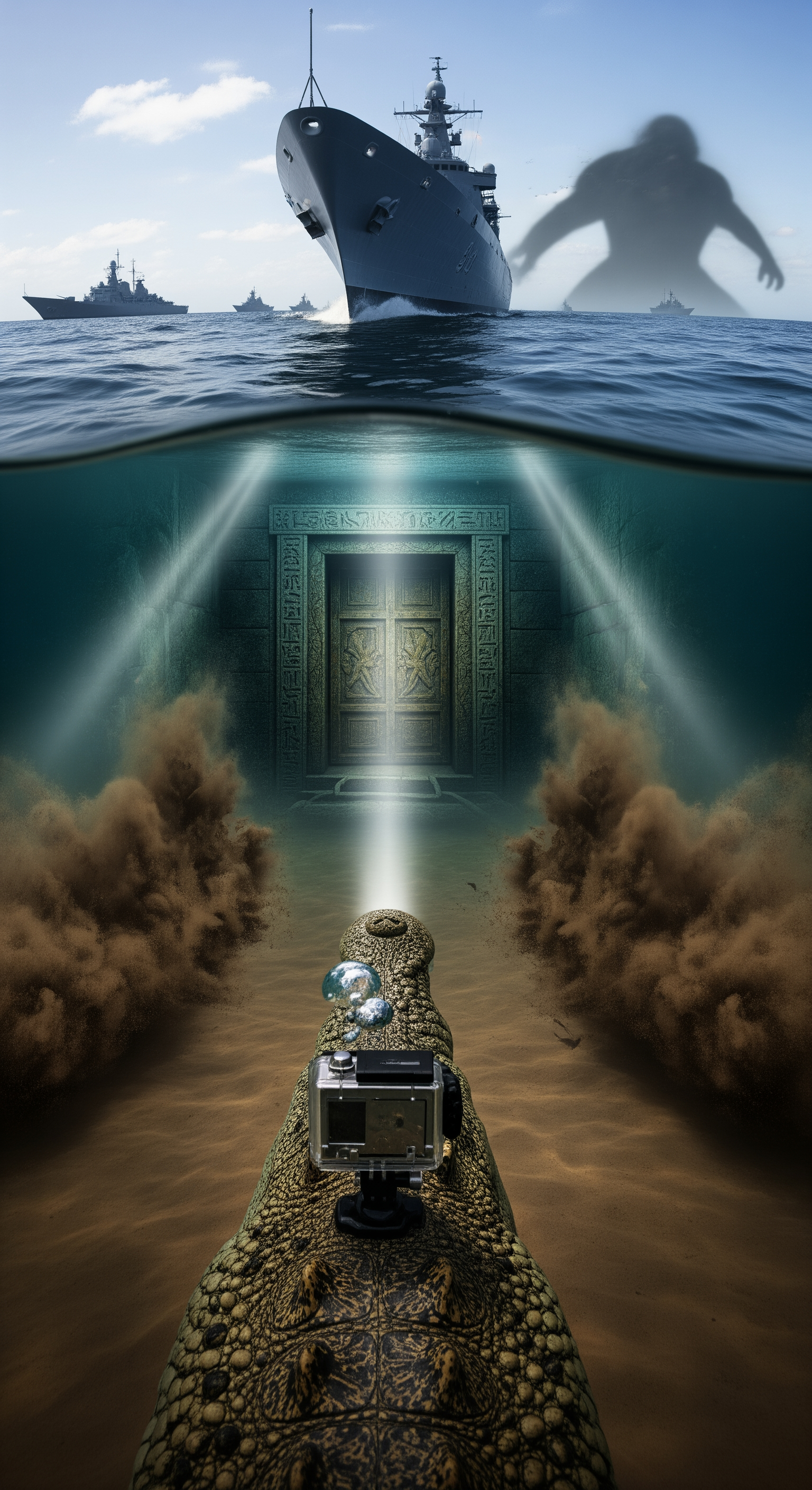 AI Design for First-person crocodile GoPro perspective approaching the largest ship in the fleet, entering a dark opening beneath the flagship, flashlight-like sunlight beams fading behind, a gigantic stone doorway hidden inside the vessel slowly emerging from darkness, ancient hieroglyphs suddenly glowing faintly beneath layers of sediment, the riverbed begins trembling, clouds of silt explode upward, distant metallic groaning echoes through the water, camera shaking violently as a colossal shadow moves behind the fleet, visibility drops to near zero, the crocodile rapidly turns toward the unknown presence, sudden cut to black at the exact moment the shadow lunges forward, extreme suspense, cinematic cliffhanger ending, ultra realistic documentary style.