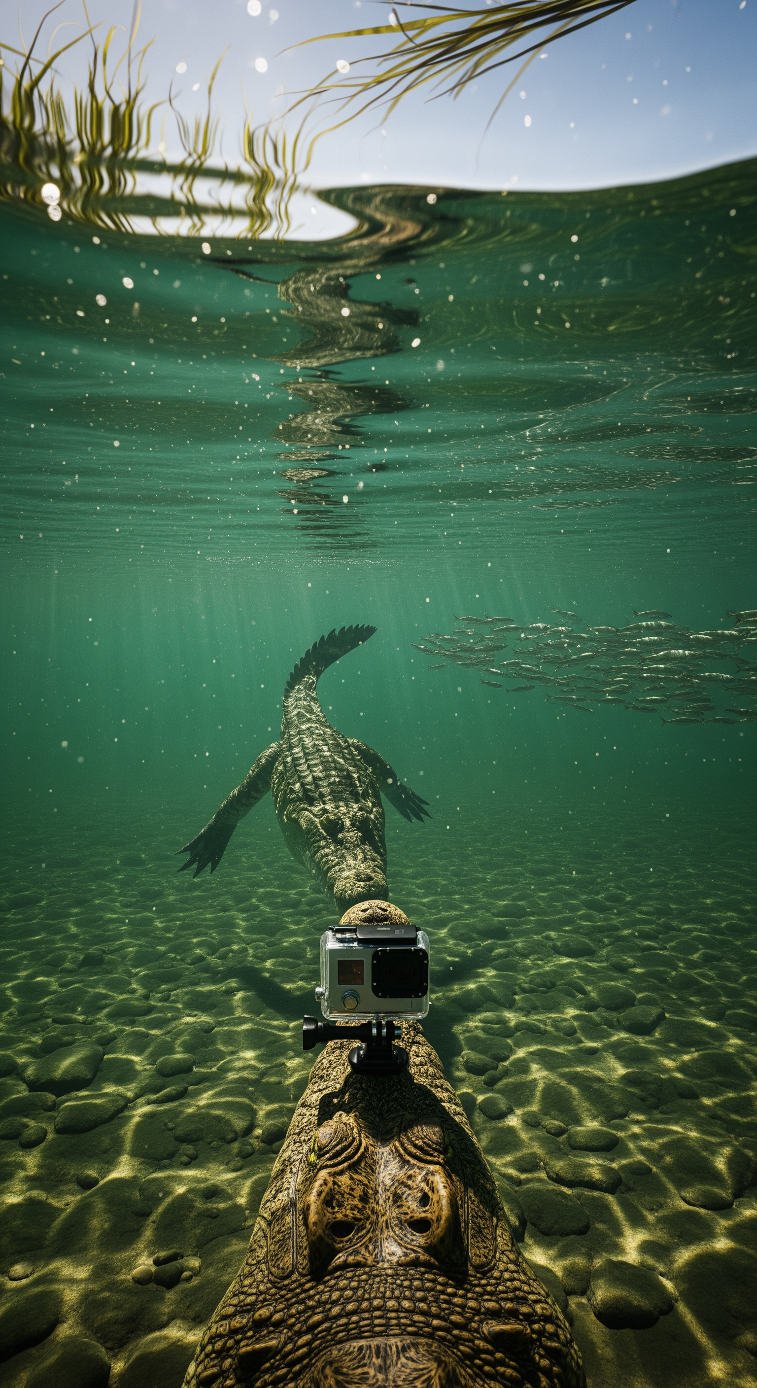 AI Design for First-person crocodile GoPro perspective, swimming beneath the Nile River surface, wide-angle action camera lens distortion, subtle body sway with each tail movement, murky green water illuminated by shafts of sunlight piercing through the river, schools of fish scattering away, floating reeds drifting overhead, realistic underwater particles, dynamic shadows dancing across ancient river stones, slow suspenseful exploration deeper into unexplored territory, cinematic volumetric light rays, realistic water physics, immersive documentary realism, tension gradually building.