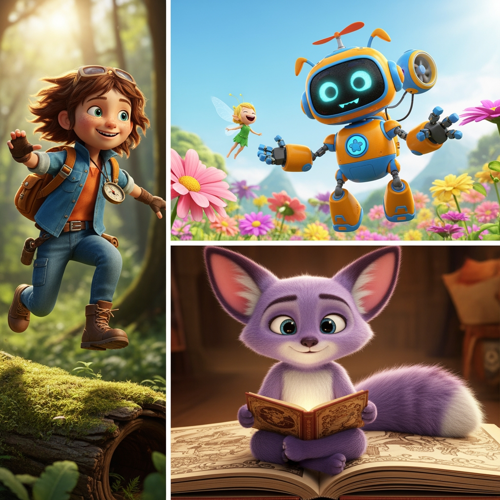 AI Design for Make me three character images that will make the kids continue the video when they see them and the characters will be in Ultra HD quality 8K hyper realistic.