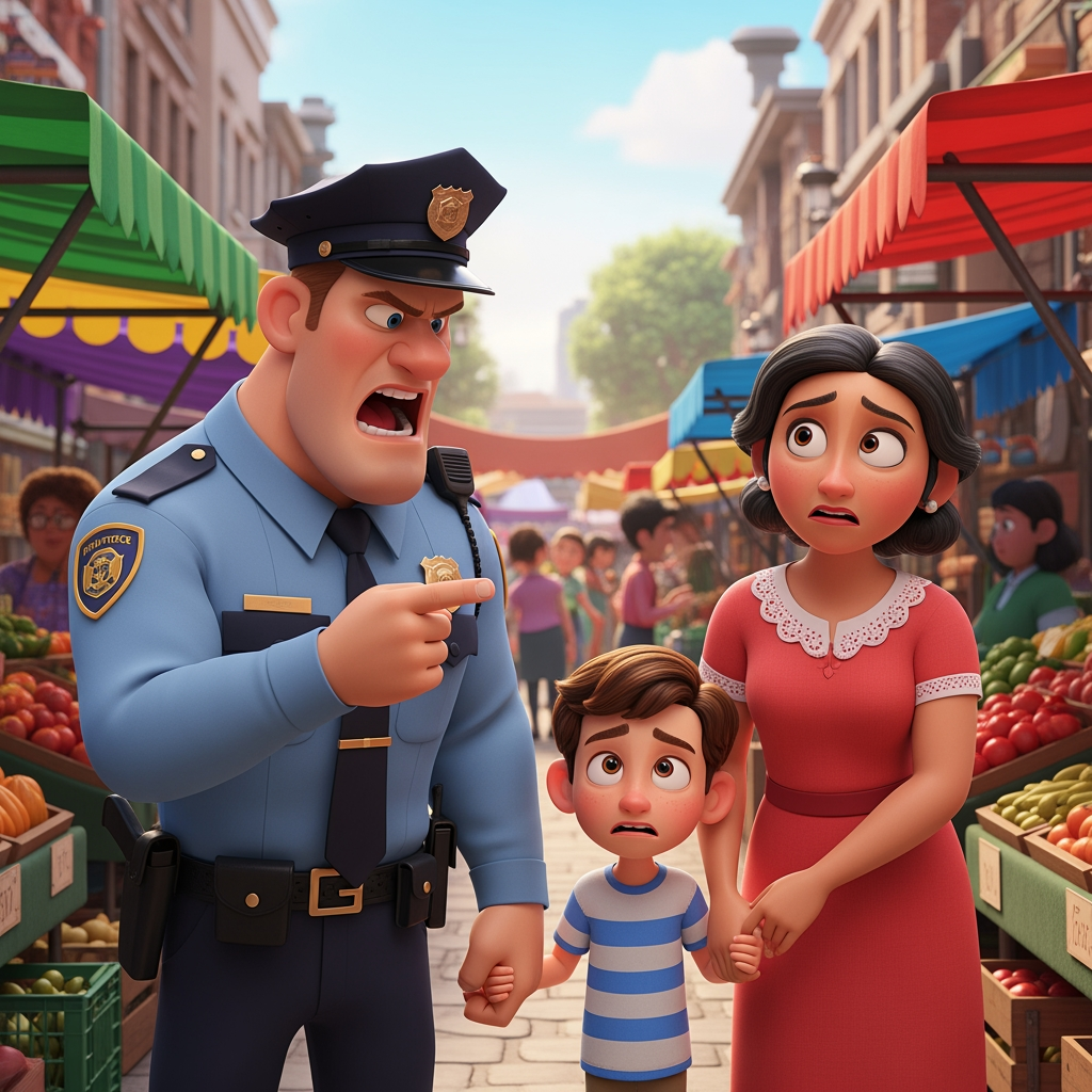 AI Design for 3D Disney Pixar animation style. An angry male police officer in a blue uniform pointing his finger and shouting at a worried mother in a red dress. Beside them, the same 7-year-old boy in a blue striped shirt looks scared. Vibrant colors, bright daylight, market background.