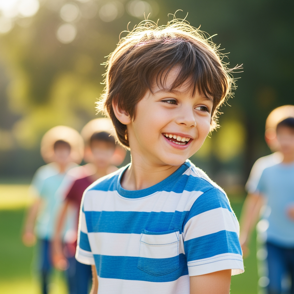 AI Design for প্রধান ক্যারেক্টার (ছেলে): A 7-year-old cute boy, brown messy hair, wearing a blue and white striped shirt. (সাত বছরের মিষ্টি ছেলে, উসকোখুসকো বাদামী চুল, নীল-সাদা স্ট্রাইপ শার্ট পরা)।