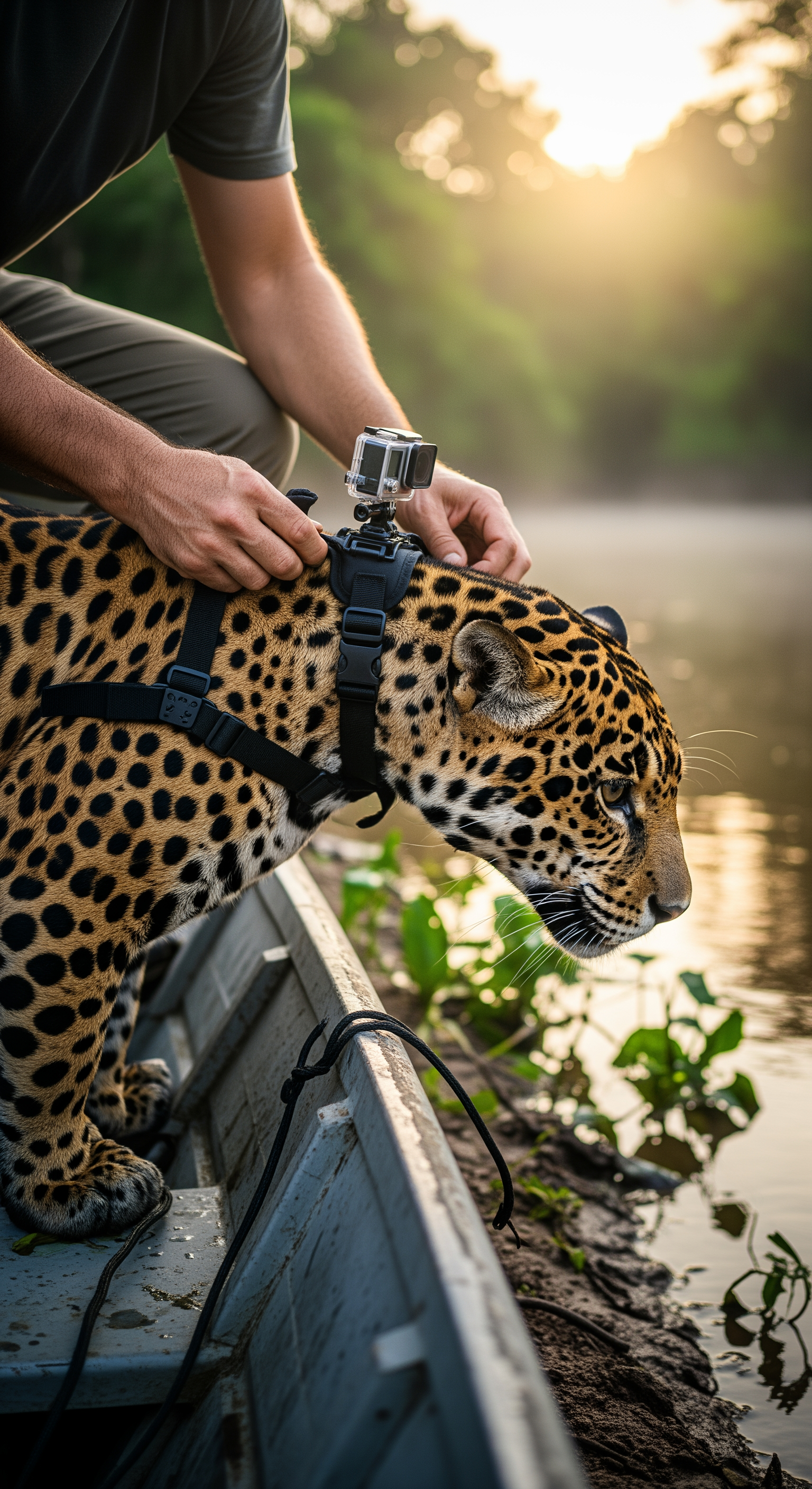 AI Design for Ultra-realistic cinematic wildlife documentary footage. A wildlife researcher kneels on a muddy Amazon riverbank beside a narrow research boat at sunrise. Close-up of rough hands carefully attaching a small body-mounted action camera harness onto the neck and shoulders of a powerful jaguar. Natural handheld camera movement captures every detail: wet fur glistening with river mist, buckles tightening, researcher breathing heavily, insects buzzing, distant howler monkeys echoing through the jungle. The jaguar shifts its weight nervously, muscles rippling beneath spotted fur. Water gently laps against the boat. Volumetric morning light filters through dense rainforest canopy. Extreme close-ups of the camera locking into place. The researcher steps back and releases the jaguar. The animal sprints into dense vegetation as leaves whip past the lens. Realistic physics, dynamic shadows, immersive ambient soundscape, cinematic depth of field, nature documentary realism, 4K wildlife cinematography.