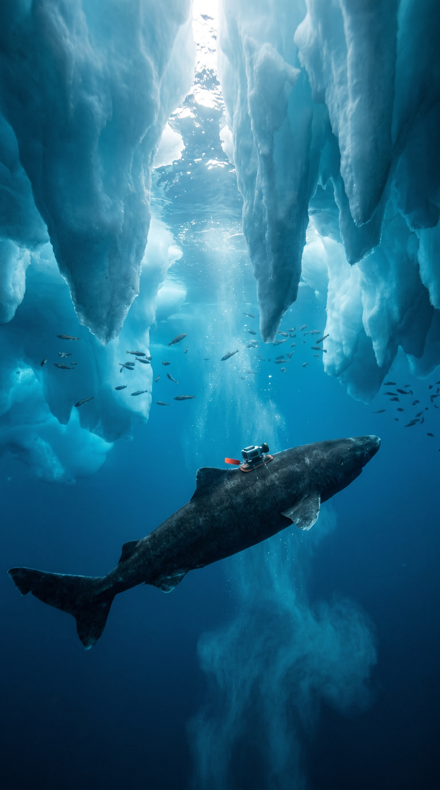 AI Design for Third-person cinematic tracking shot following the shark beneath thick Greenland sea ice. The newly attached camera is visible on its body. Massive blue ice formations hang overhead like frozen cathedrals. The shark glides deeper through crystal-clear Arctic water. Schools of fish scatter naturally. Sunlight filters through cracks in the ice, creating moving shafts of volumetric light. Slow cinematic drone-like underwater movement mixed with realistic underwater currents. Ice groans echo through the environment. Strong sense of scale, realistic aquatic physics, immersive nature documentary style, tension gradually building.