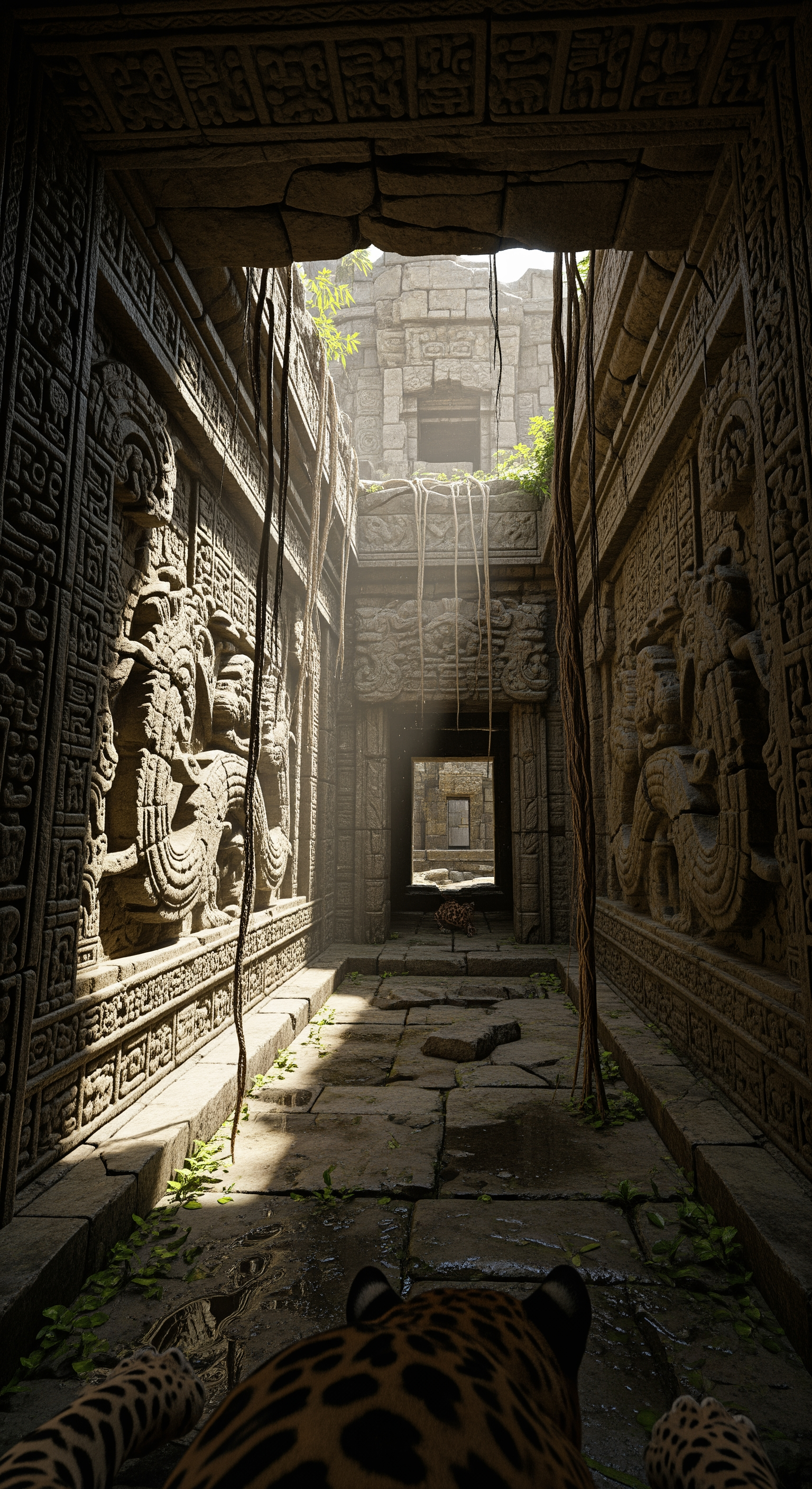 AI Design for First-person jaguar exploration deep inside the ruins. The camera moves cautiously through a vine-covered temple corridor. Intricate carvings pass inches from the lens. Ancient symbols cover stone walls. Water drips rhythmically from cracked ceilings. Dust particles float through narrow shafts of sunlight. The jaguar squeezes through a collapsed entrance into a hidden chamber. In the center stands a massive stone doorway covered in mysterious markings. Suddenly, a deep rumble echoes through the structure. Loose stones begin falling. The ground vibrates beneath the jaguar's paws. The ancient doorway slowly starts opening by itself, revealing only darkness beyond. The camera edges closer as strange echoes emerge from inside. Abrupt cut to black just as a pair of glowing eyes appear in the darkness. Extreme suspense, realistic physics, immersive sound design, cinematic cliffhanger ending, ultra-detailed photorealistic documentary footage.