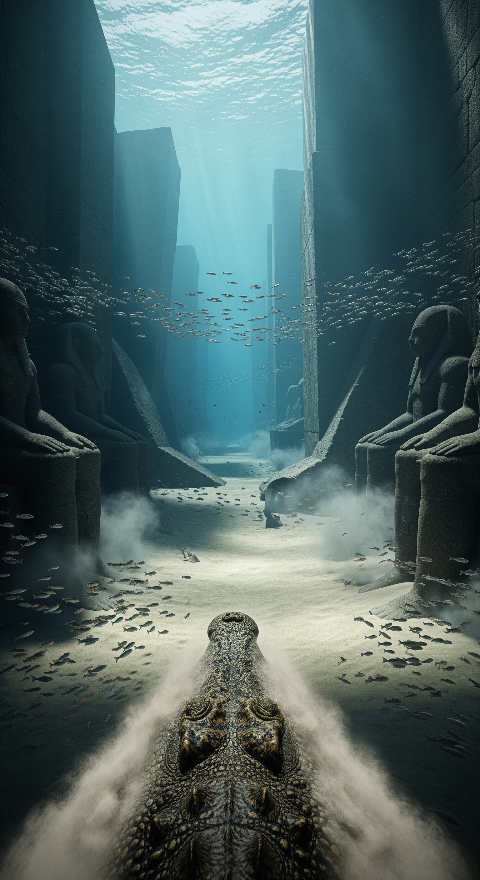 AI Design for First-person crocodile POV, moving through a forgotten underwater canyon hidden beneath layers of silt, strange geometric stone structures emerging from darkness, partially buried carved statues of ancient Egyptian warriors, fish suddenly fleeing the area, unsettling silence replacing natural river sounds, camera subtly tilting as the crocodile investigates, beams of sunlight revealing unnatural shapes beneath sediment, detailed environmental storytelling, mysterious atmosphere, realistic sediment clouds swirling through the water, growing sense of discovery and danger.
