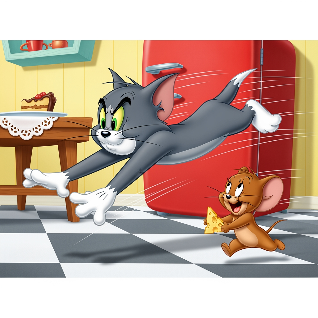 AI Design for Prompt: A classic style 2D animated cartoon illustration of Tom and Jerry, featuring bold line work and vibrant colors in the classic 1950s style. Tom, a grey and white housecat with a determined yet frustrated expression, is lunging forward across a kitchen floor. Jerry, a small, cheerful brown mouse, is sprinting ahead of him with a cheeky grin, holding a small piece of cheese. The background shows a cozy, retro kitchen with a checkered floor. High energy, funny, and cinematic composition.