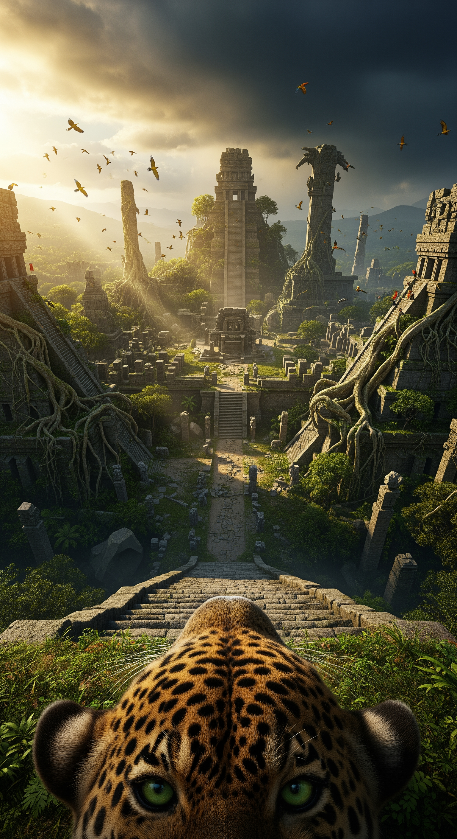 AI Design for Epic cinematic first-person reveal. The jaguar climbs a moss-covered ridge and suddenly overlooks an enormous forgotten city swallowed by the Amazon. Vast stone pyramids, collapsed temples, ceremonial plazas, and towering monuments stretch across the jungle canopy. Trees grow through rooftops and ancient stairways. Golden sunlight breaks through storm clouds, illuminating the hidden metropolis with dramatic volumetric beams. Birds circle above crumbling structures. The camera slowly scans across the breathtaking scene with realistic animal head movements. Massive roots wrap around carved statues. Ancient roads disappear beneath vegetation. Environmental storytelling suggests a lost civilization untouched for centuries. Ultra-realistic textures, dynamic shadows, cinematic scale, awe-inspiring discovery moment, documentary realism, photorealistic jungle atmosphere.