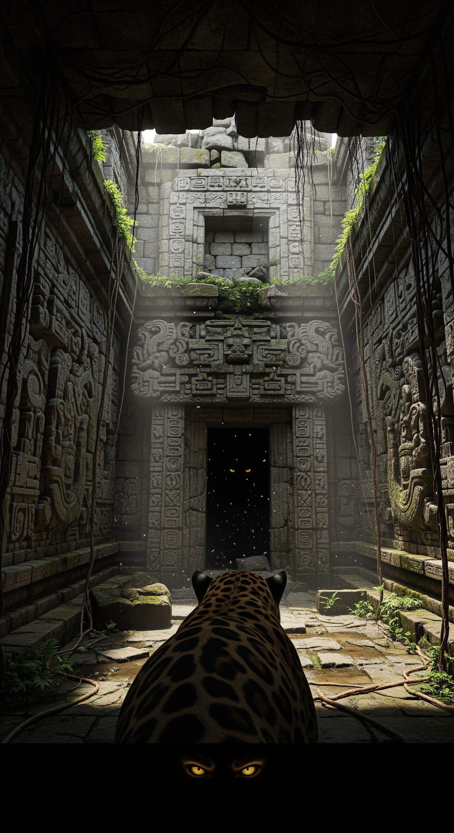 AI Design for First-person jaguar exploration deep inside the ruins. The camera moves cautiously through a vine-covered temple corridor. Intricate carvings pass inches from the lens. Ancient symbols cover stone walls. Water drips rhythmically from cracked ceilings. Dust particles float through narrow shafts of sunlight. The jaguar squeezes through a collapsed entrance into a hidden chamber. In the center stands a massive stone doorway covered in mysterious markings. Suddenly, a deep rumble echoes through the structure. Loose stones begin falling. The ground vibrates beneath the jaguar's paws. The ancient doorway slowly starts opening by itself, revealing only darkness beyond. The camera edges closer as strange echoes emerge from inside. Abrupt cut to black just as a pair of glowing eyes appear in the darkness. Extreme suspense, realistic physics, immersive sound design, cinematic cliffhanger ending, ultra-detailed photorealistic documentary footage.