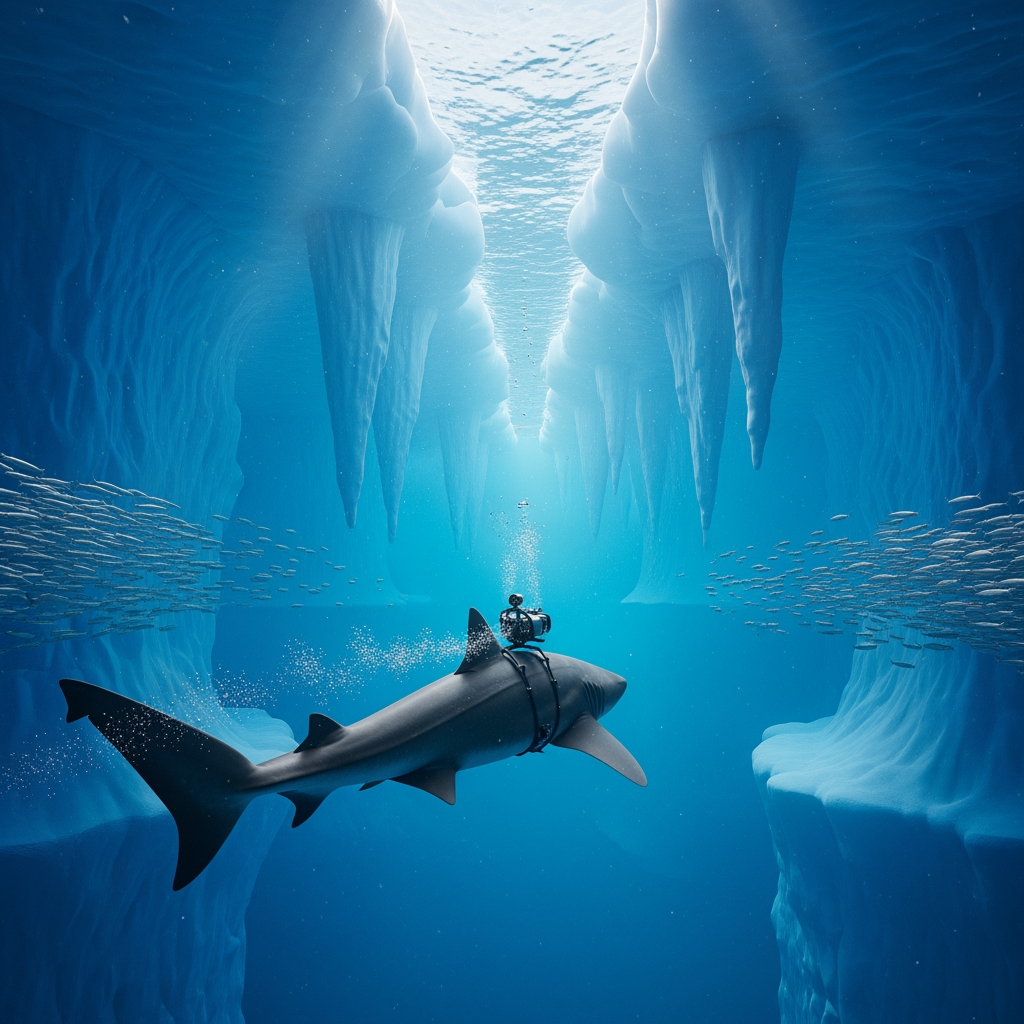 AI Design for Third-person cinematic tracking shot following the shark beneath thick Greenland sea ice. The newly attached camera is visible on its body. Massive blue ice formations hang overhead like frozen cathedrals. The shark glides deeper through crystal-clear Arctic water. Schools of fish scatter naturally. Sunlight filters through cracks in the ice, creating moving shafts of volumetric light. Slow cinematic drone-like underwater movement mixed with realistic underwater currents. Ice groans echo through the environment. Strong sense of scale, realistic aquatic physics, immersive nature documentary style, tension gradually building.