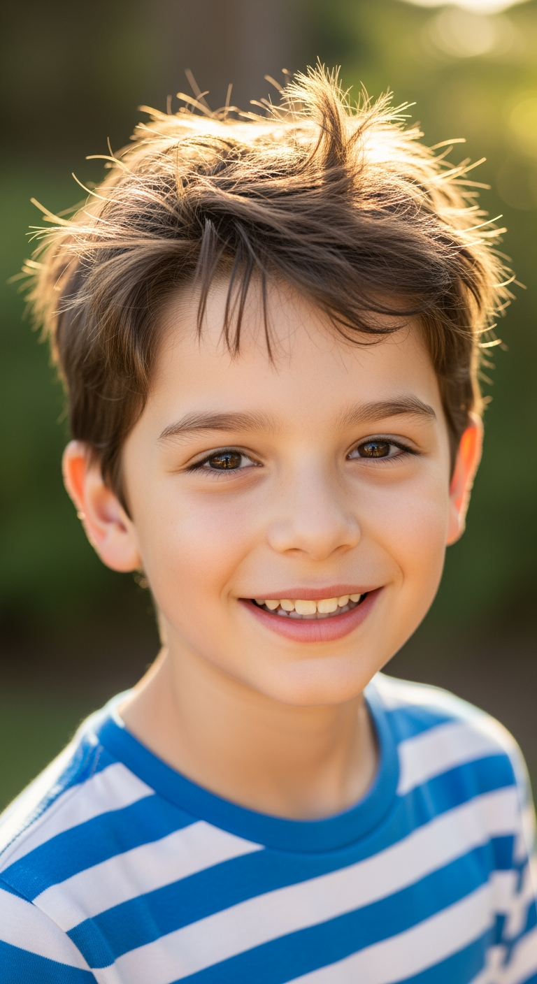 AI Design for প্রধান ক্যারেক্টার (ছেলে): A 7-year-old cute boy, brown messy hair, wearing a blue and white striped shirt. (সাত বছরের মিষ্টি ছেলে, উসকোখুসকো বাদামী চুল, নীল-সাদা স্ট্রাইপ শার্ট পরা)।