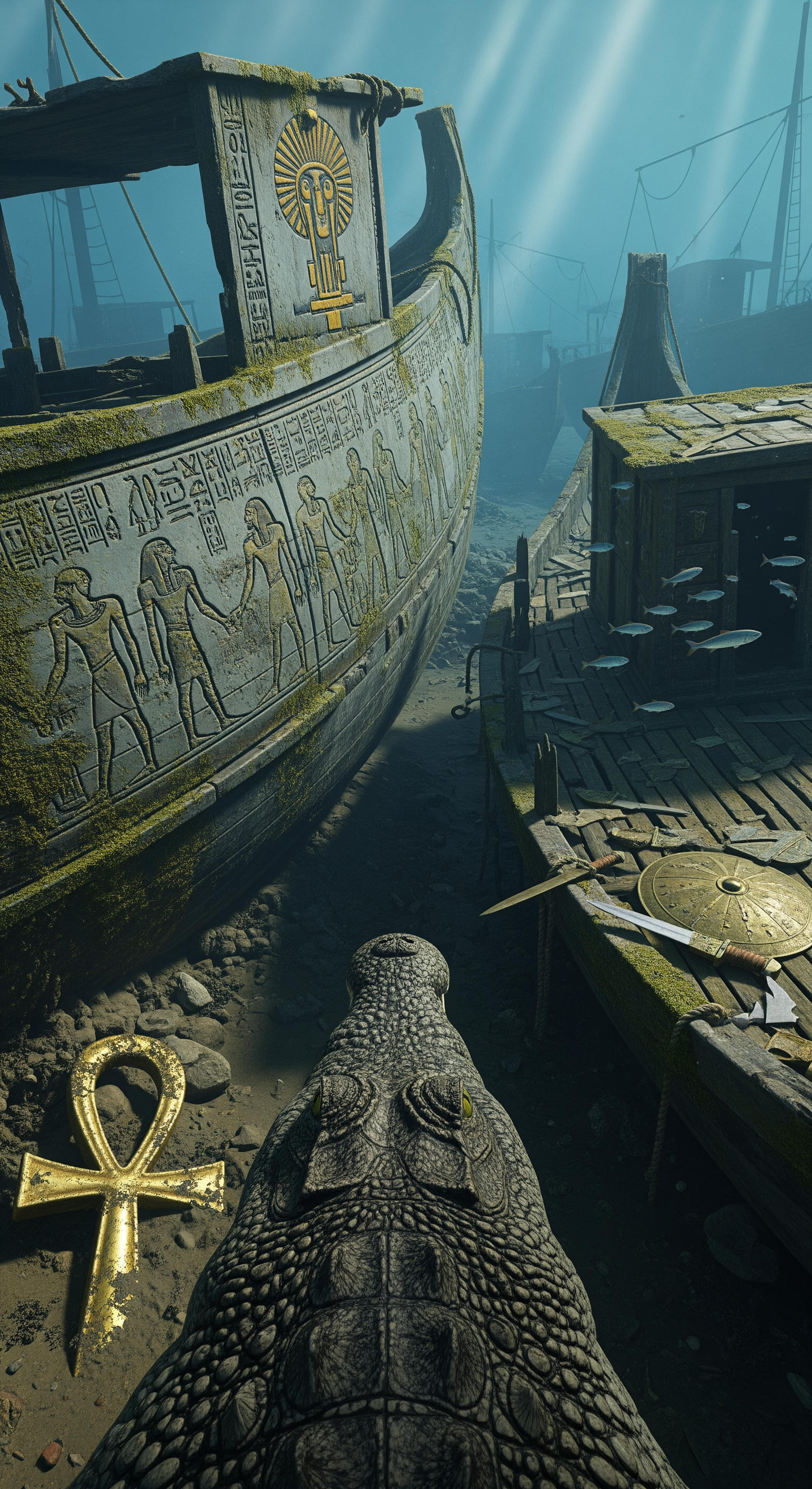 AI Design for First-person crocodile POV gliding between the ancient ships, camera brushing past weathered wooden hulls covered in river growth, detailed hieroglyphics carved into the sides, golden artifacts partially buried beneath mud, broken ceremonial weapons scattered across decks, fish swimming through collapsed cabins, realistic action-cam motion and subtle body sway, close-up inspection of a royal flagship bearing the symbol of a forgotten pharaoh, cinematic shadows and atmospheric lighting, every detail rich with historical mystery and suspense.