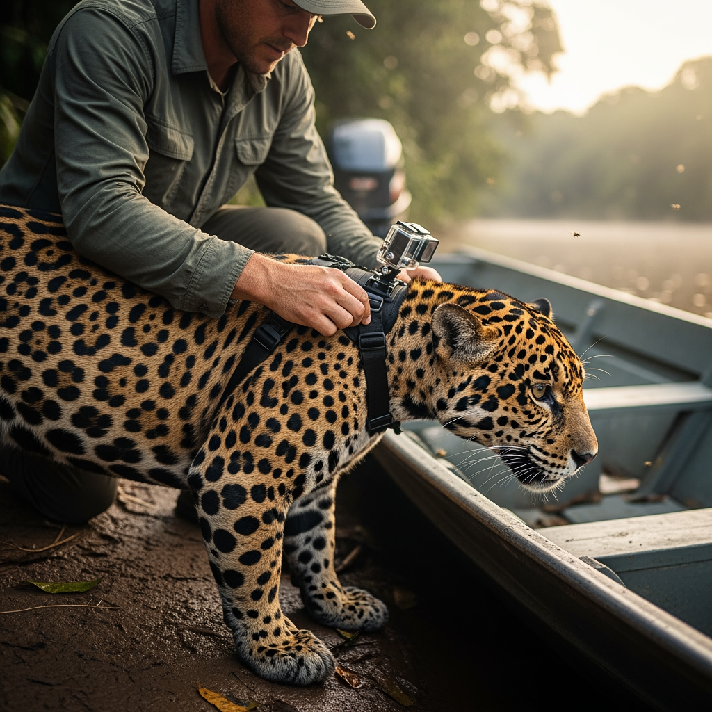 AI Design for Ultra-realistic cinematic wildlife documentary footage. A wildlife researcher kneels on a muddy Amazon riverbank beside a narrow research boat at sunrise. Close-up of rough hands carefully attaching a small body-mounted action camera harness onto the neck and shoulders of a powerful jaguar. Natural handheld camera movement captures every detail: wet fur glistening with river mist, buckles tightening, researcher breathing heavily, insects buzzing, distant howler monkeys echoing through the jungle. The jaguar shifts its weight nervously, muscles rippling beneath spotted fur. Water gently laps against the boat. Volumetric morning light filters through dense rainforest canopy. Extreme close-ups of the camera locking into place. The researcher steps back and releases the jaguar. The animal sprints into dense vegetation as leaves whip past the lens. Realistic physics, dynamic shadows, immersive ambient soundscape, cinematic depth of field, nature documentary realism, 4K wildlife cinematography.