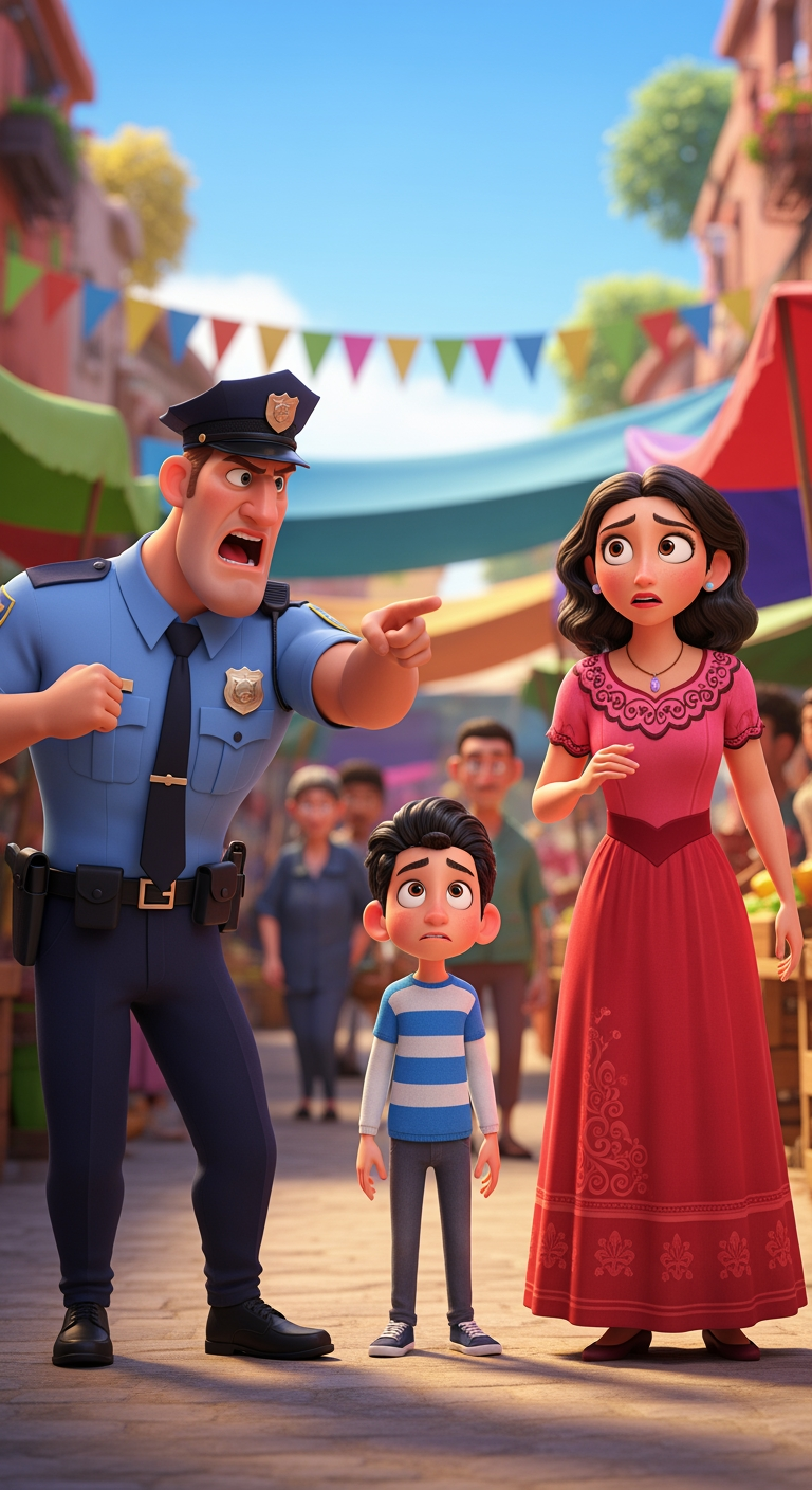 AI Design for 3D Disney Pixar animation style. An angry male police officer in a blue uniform pointing his finger and shouting at a worried mother in a red dress. Beside them, the same 7-year-old boy in a blue striped shirt looks scared. Vibrant colors, bright daylight, market background.