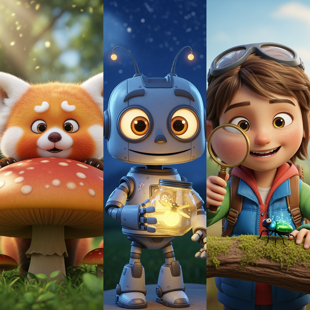AI Design for Make me three character images that will make the kids continue the video when they see them and the characters will be in Ultra HD quality 8K hyper realistic. size 9.16