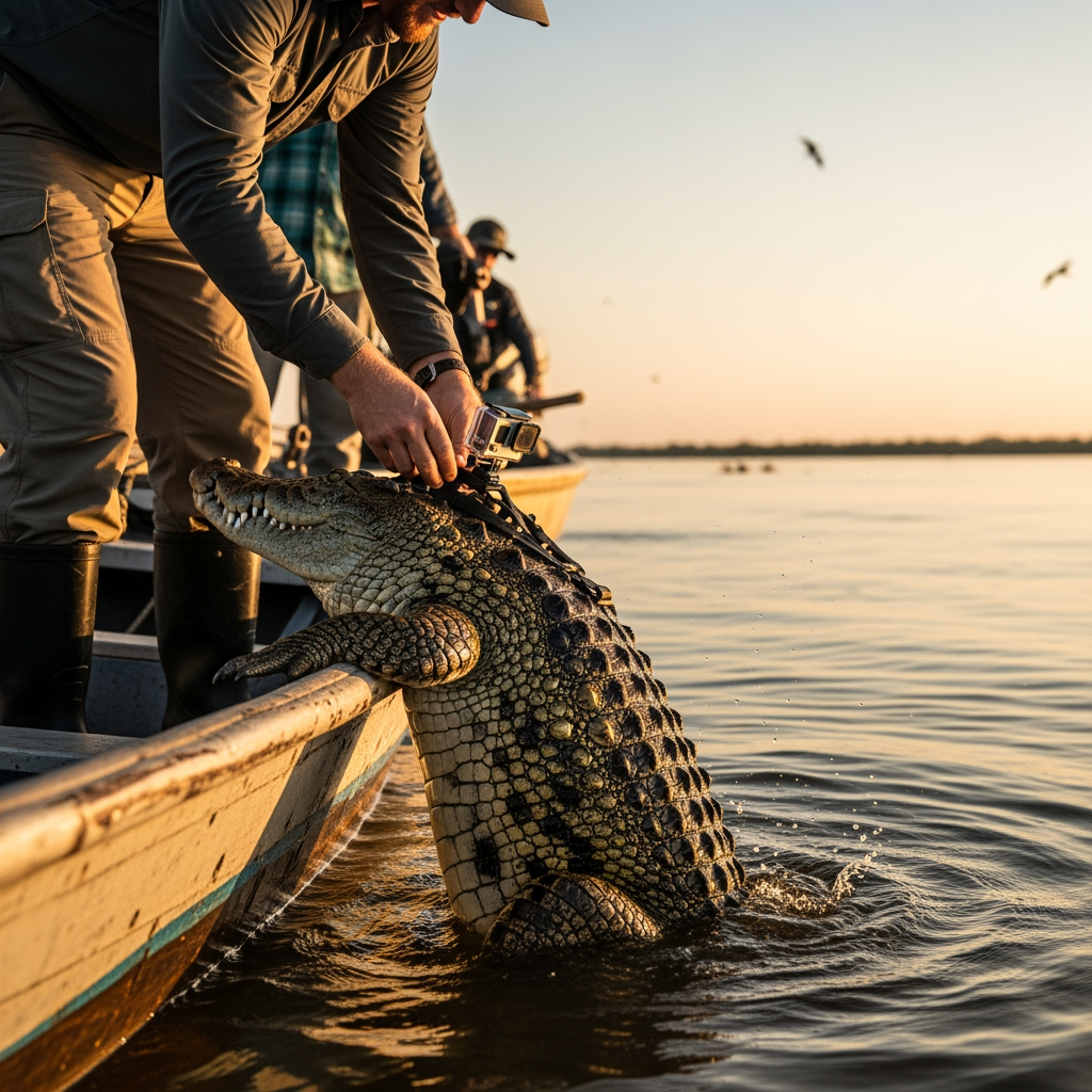 AI Design for Ultra realistic documentary footage, Nile River riverbank at sunrise, a wildlife researcher standing on a small wooden boat carefully attaching a compact action camera onto the back of a massive Nile crocodile, close-up shots of rough crocodile scales, tightening straps, water droplets glistening in golden sunlight, natural handheld camera movement, authentic field research atmosphere, distant bird calls, gentle river waves hitting the boat, crew members speaking softly in the background, cinematic depth of field, realistic skin textures, the crocodile slowly slides into the Nile, splash of water, camera shakes naturally as the animal disappears beneath the surface, high-end wildlife documentary style, photorealistic, immersive environmental audio.