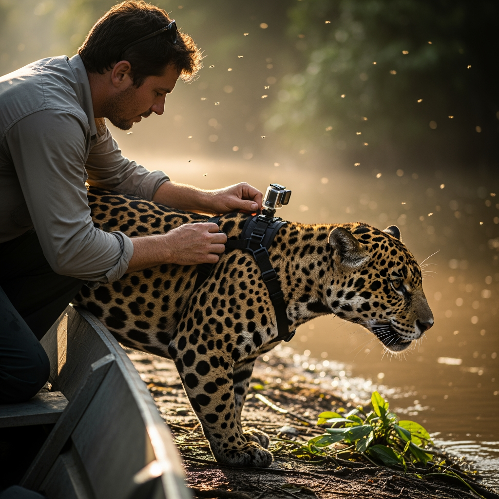 AI Design for Ultra-realistic cinematic wildlife documentary footage. A wildlife researcher kneels on a muddy Amazon riverbank beside a narrow research boat at sunrise. Close-up of rough hands carefully attaching a small body-mounted action camera harness onto the neck and shoulders of a powerful jaguar. Natural handheld camera movement captures every detail: wet fur glistening with river mist, buckles tightening, researcher breathing heavily, insects buzzing, distant howler monkeys echoing through the jungle. The jaguar shifts its weight nervously, muscles rippling beneath spotted fur. Water gently laps against the boat. Volumetric morning light filters through dense rainforest canopy. Extreme close-ups of the camera locking into place. The researcher steps back and releases the jaguar. The animal sprints into dense vegetation as leaves whip past the lens. Realistic physics, dynamic shadows, immersive ambient soundscape, cinematic depth of field, nature documentary realism, 4K wildlife cinematography.