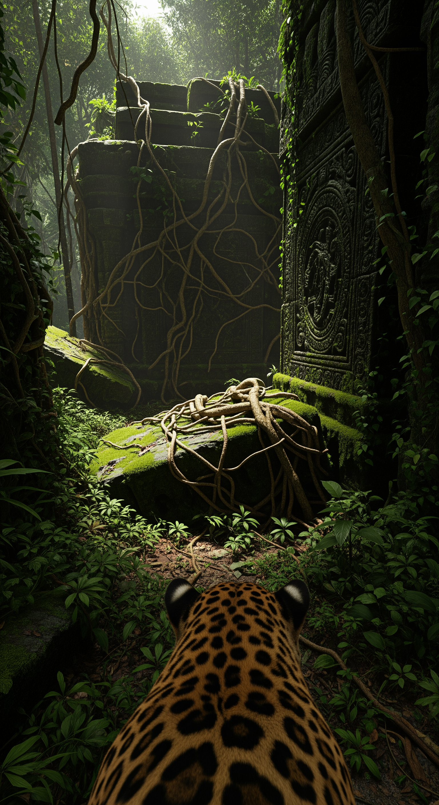 AI Design for First-person jaguar POV continues. The animal slows suddenly. Ears twitch. The camera subtly tilts toward strange geometric shapes partially hidden beneath vines and moss. Something unnatural interrupts the organic patterns of the jungle. Massive stone blocks emerge from dense vegetation. The jaguar cautiously approaches. Camera movement becomes slower and more deliberate. Ancient carvings are barely visible beneath centuries of growth. Sunlight catches sharp edges that should not exist in nature. The surrounding jungle grows eerily quiet. Only distant insects remain. Vines sway gently despite still air. Suspense intensifies through realistic camera breathing motion, subtle body shifts, wide-angle lens distortion, deep shadows concealing unknown structures beyond the foliage.