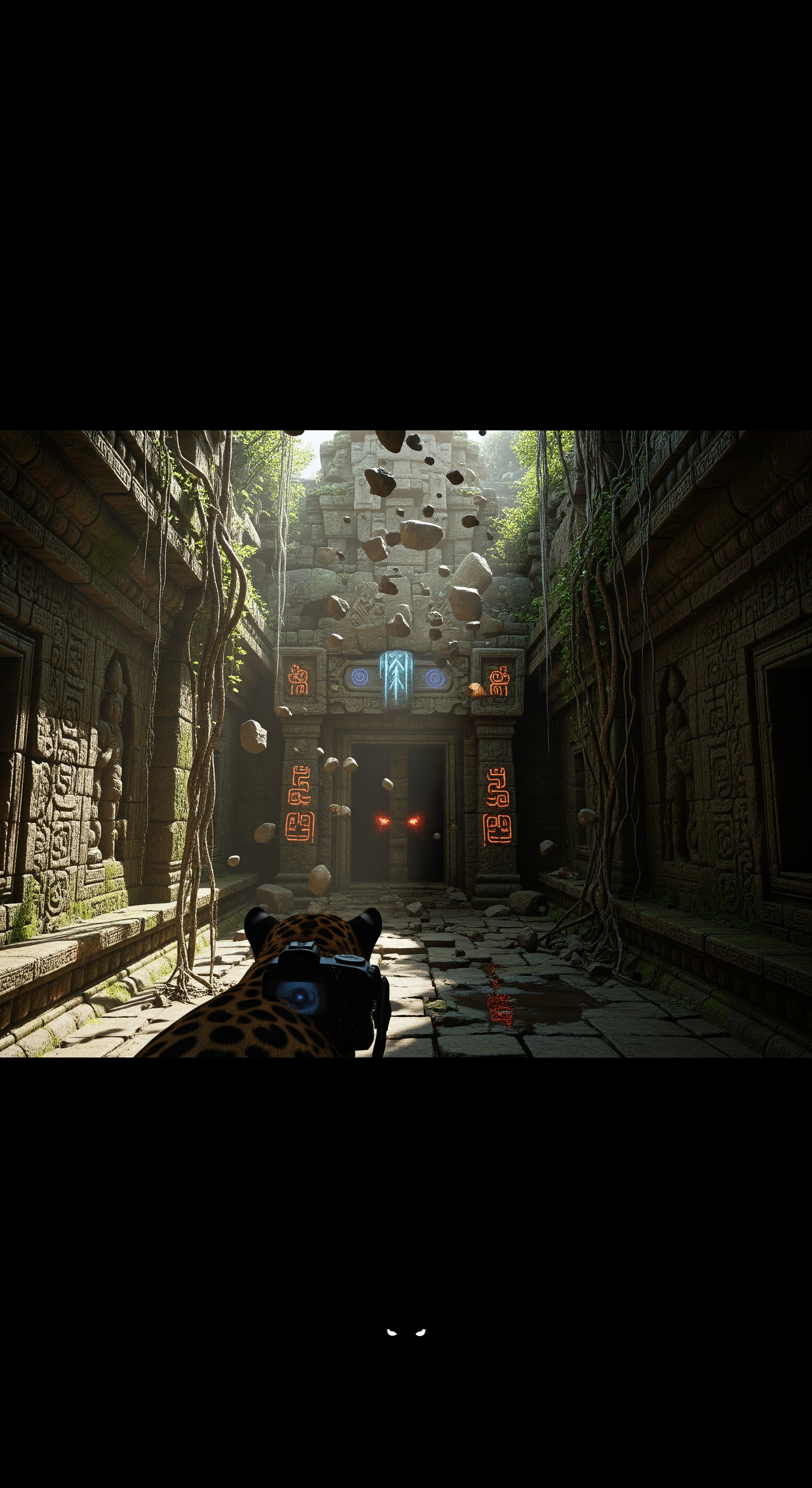 AI Design for First-person jaguar exploration deep inside the ruins. The camera moves cautiously through a vine-covered temple corridor. Intricate carvings pass inches from the lens. Ancient symbols cover stone walls. Water drips rhythmically from cracked ceilings. Dust particles float through narrow shafts of sunlight. The jaguar squeezes through a collapsed entrance into a hidden chamber. In the center stands a massive stone doorway covered in mysterious markings. Suddenly, a deep rumble echoes through the structure. Loose stones begin falling. The ground vibrates beneath the jaguar's paws. The ancient doorway slowly starts opening by itself, revealing only darkness beyond. The camera edges closer as strange echoes emerge from inside. Abrupt cut to black just as a pair of glowing eyes appear in the darkness. Extreme suspense, realistic physics, immersive sound design, cinematic cliffhanger ending, ultra-detailed photorealistic documentary footage.