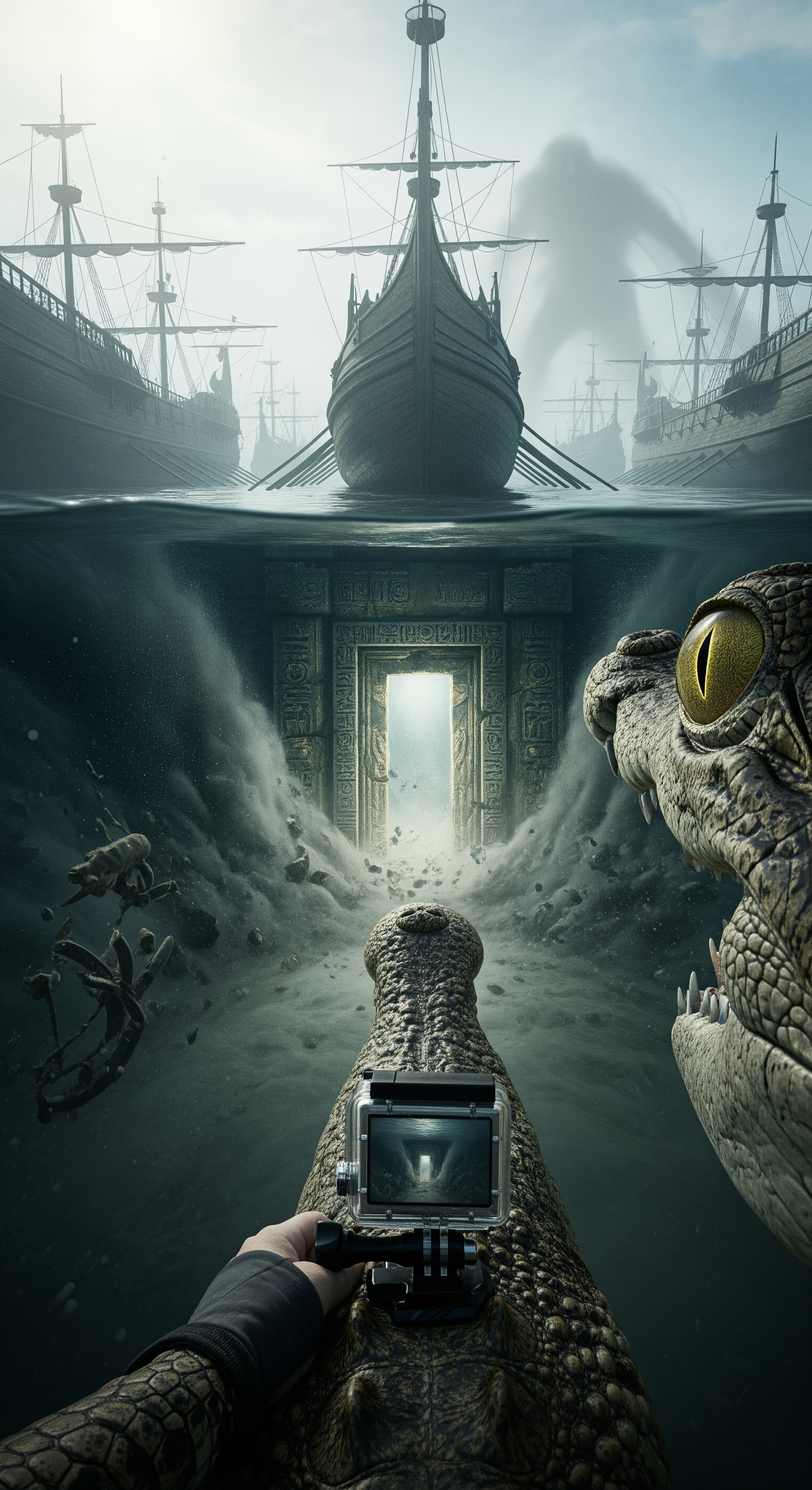 AI Design for First-person crocodile GoPro perspective approaching the largest ship in the fleet, entering a dark opening beneath the flagship, flashlight-like sunlight beams fading behind, a gigantic stone doorway hidden inside the vessel slowly emerging from darkness, ancient hieroglyphs suddenly glowing faintly beneath layers of sediment, the riverbed begins trembling, clouds of silt explode upward, distant metallic groaning echoes through the water, camera shaking violently as a colossal shadow moves behind the fleet, visibility drops to near zero, the crocodile rapidly turns toward the unknown presence, sudden cut to black at the exact moment the shadow lunges forward, extreme suspense, cinematic cliffhanger ending, ultra realistic documentary style.