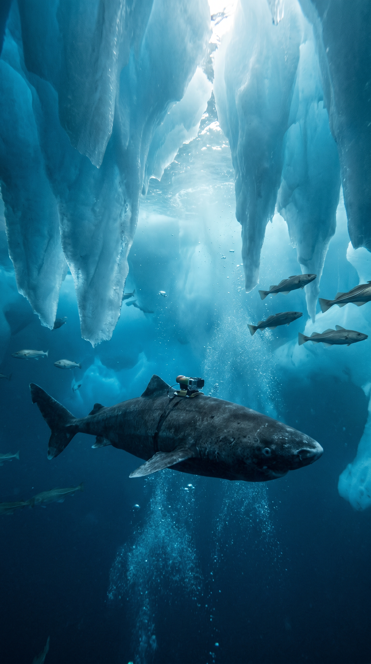 AI Design for Third-person cinematic tracking shot following the shark beneath thick Greenland sea ice. The newly attached camera is visible on its body. Massive blue ice formations hang overhead like frozen cathedrals. The shark glides deeper through crystal-clear Arctic water. Schools of fish scatter naturally. Sunlight filters through cracks in the ice, creating moving shafts of volumetric light. Slow cinematic drone-like underwater movement mixed with realistic underwater currents. Ice groans echo through the environment. Strong sense of scale, realistic aquatic physics, immersive nature documentary style, tension gradually building.