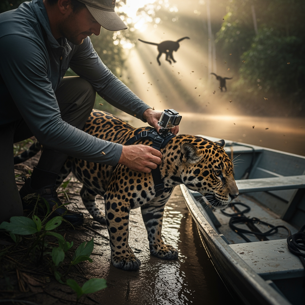 AI Design for Ultra-realistic cinematic wildlife documentary footage. A wildlife researcher kneels on a muddy Amazon riverbank beside a narrow research boat at sunrise. Close-up of rough hands carefully attaching a small body-mounted action camera harness onto the neck and shoulders of a powerful jaguar. Natural handheld camera movement captures every detail: wet fur glistening with river mist, buckles tightening, researcher breathing heavily, insects buzzing, distant howler monkeys echoing through the jungle. The jaguar shifts its weight nervously, muscles rippling beneath spotted fur. Water gently laps against the boat. Volumetric morning light filters through dense rainforest canopy. Extreme close-ups of the camera locking into place. The researcher steps back and releases the jaguar. The animal sprints into dense vegetation as leaves whip past the lens. Realistic physics, dynamic shadows, immersive ambient soundscape, cinematic depth of field, nature documentary realism, 4K wildlife cinematography.