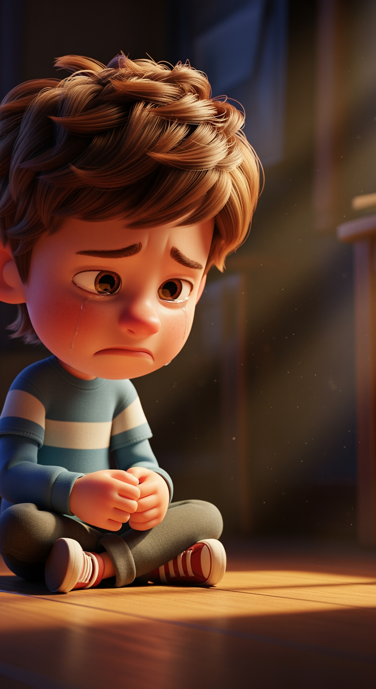 AI Design for A 3D Pixar style emotional scene. A 7-year-old cute boy with brown messy hair, wearing a blue and white striped shirt, sitting on a wooden floor and crying, looking down sadly. Close-up shot, dramatic warm indoor lighting, high detail, cinematic.