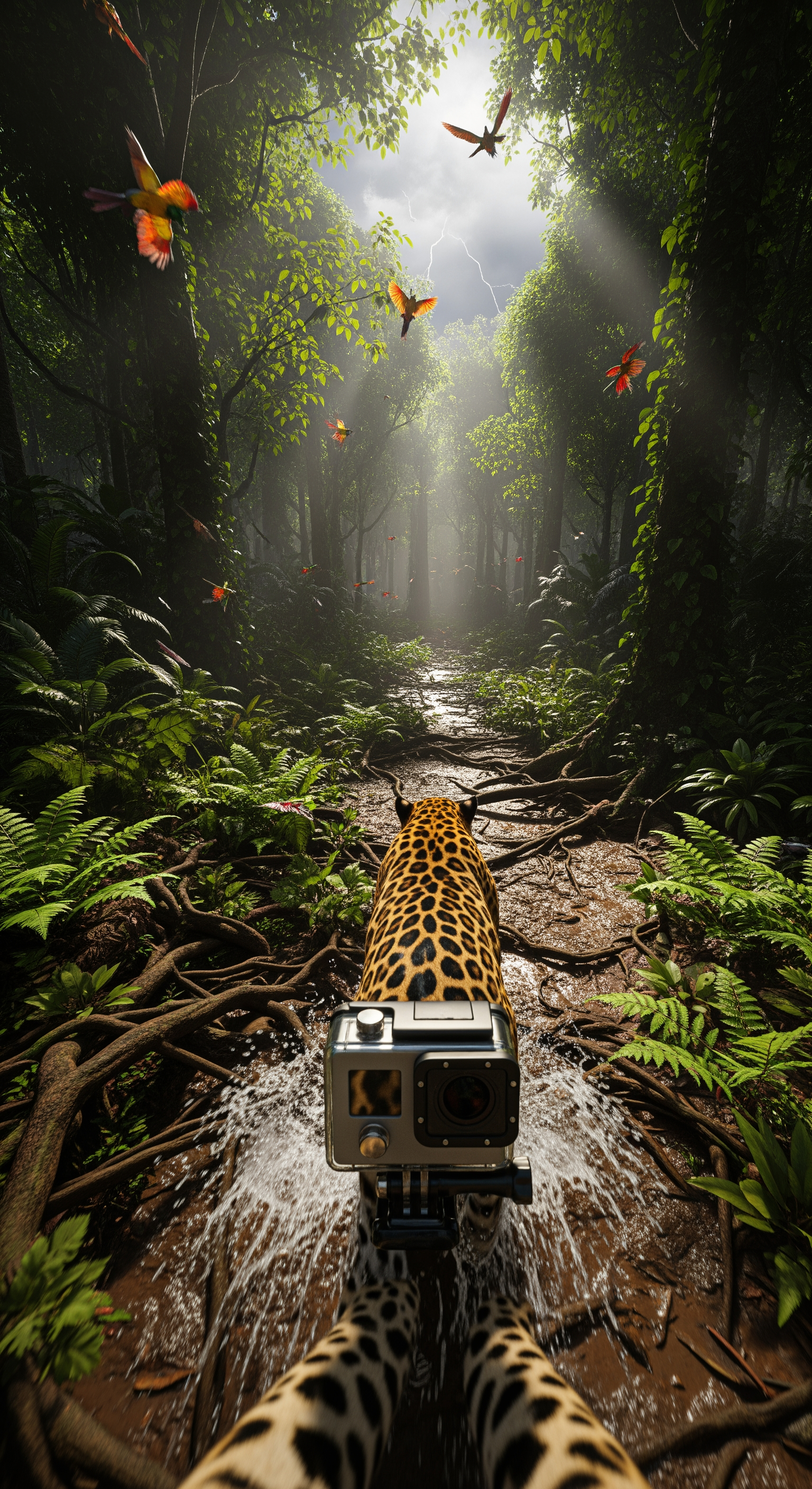 AI Design for Full first-person jaguar GoPro perspective. Wide-angle action camera view racing through dense Amazon rainforest. Powerful strides carry the viewer over tangled roots, muddy trails, and shallow streams. Subtle body-mounted camera sway and realistic head movement create authentic animal motion. Ferns brush against the lens. Insects scatter. Bright shafts of sunlight pierce through thick jungle canopy, creating dramatic volumetric rays. Water droplets splash across the camera during a river crossing. Exotic birds burst from trees overhead. The atmosphere feels ancient and untouched. Dynamic shadows dance across the forest floor while distant thunder rumbles beyond the horizon. Hyper-realistic environmental storytelling, natural physics, immersive suspense building as the jaguar moves deeper into unexplored wilderness.