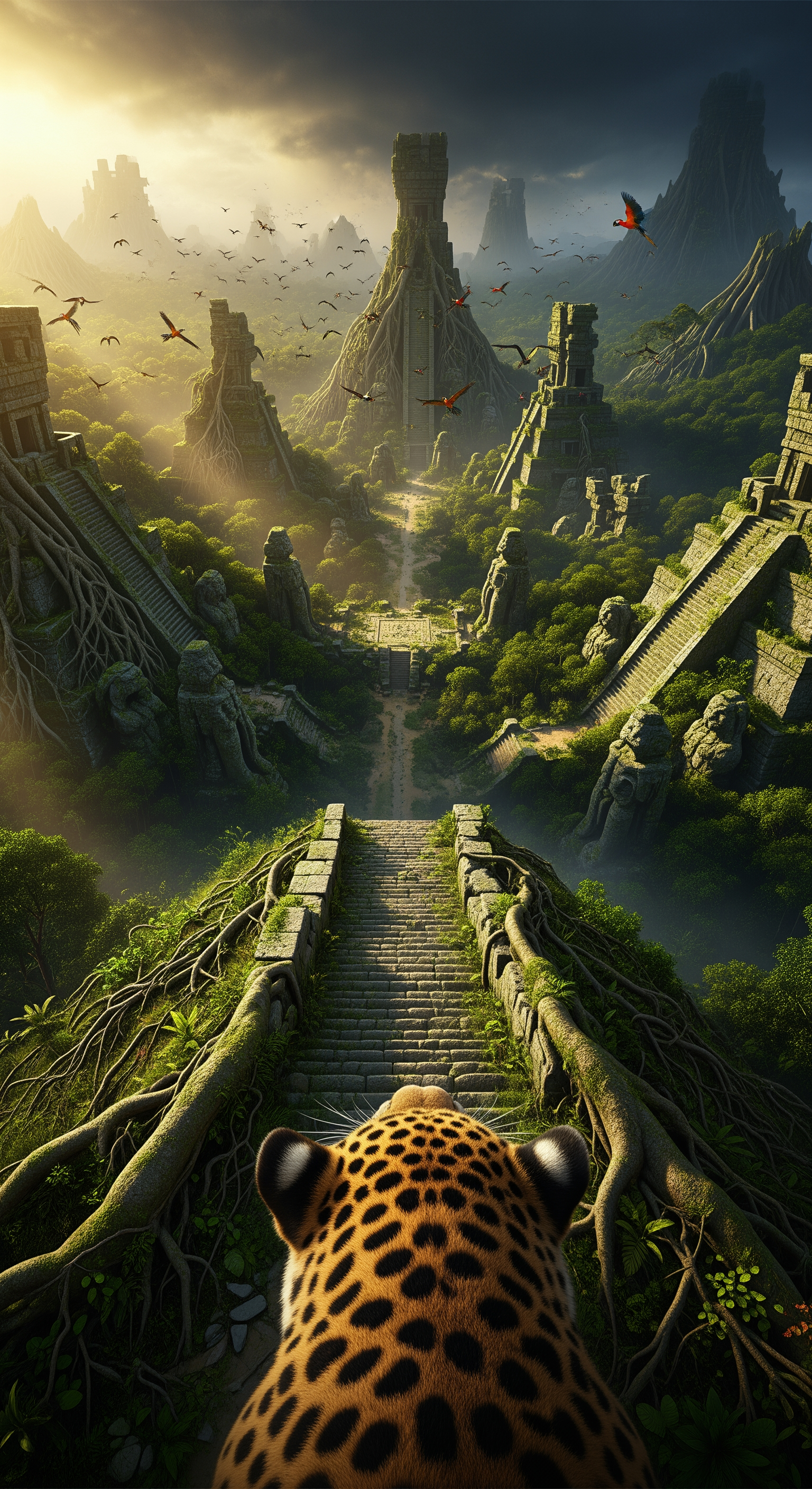 AI Design for Epic cinematic first-person reveal. The jaguar climbs a moss-covered ridge and suddenly overlooks an enormous forgotten city swallowed by the Amazon. Vast stone pyramids, collapsed temples, ceremonial plazas, and towering monuments stretch across the jungle canopy. Trees grow through rooftops and ancient stairways. Golden sunlight breaks through storm clouds, illuminating the hidden metropolis with dramatic volumetric beams. Birds circle above crumbling structures. The camera slowly scans across the breathtaking scene with realistic animal head movements. Massive roots wrap around carved statues. Ancient roads disappear beneath vegetation. Environmental storytelling suggests a lost civilization untouched for centuries. Ultra-realistic textures, dynamic shadows, cinematic scale, awe-inspiring discovery moment, documentary realism, photorealistic jungle atmosphere.