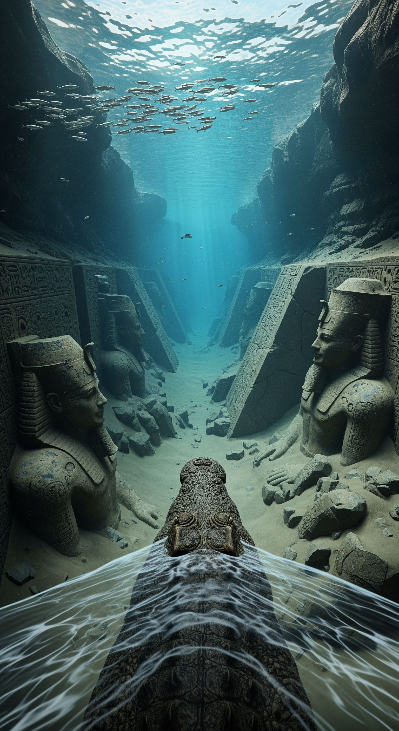 AI Design for First-person crocodile POV, moving through a forgotten underwater canyon hidden beneath layers of silt, strange geometric stone structures emerging from darkness, partially buried carved statues of ancient Egyptian warriors, fish suddenly fleeing the area, unsettling silence replacing natural river sounds, camera subtly tilting as the crocodile investigates, beams of sunlight revealing unnatural shapes beneath sediment, detailed environmental storytelling, mysterious atmosphere, realistic sediment clouds swirling through the water, growing sense of discovery and danger.