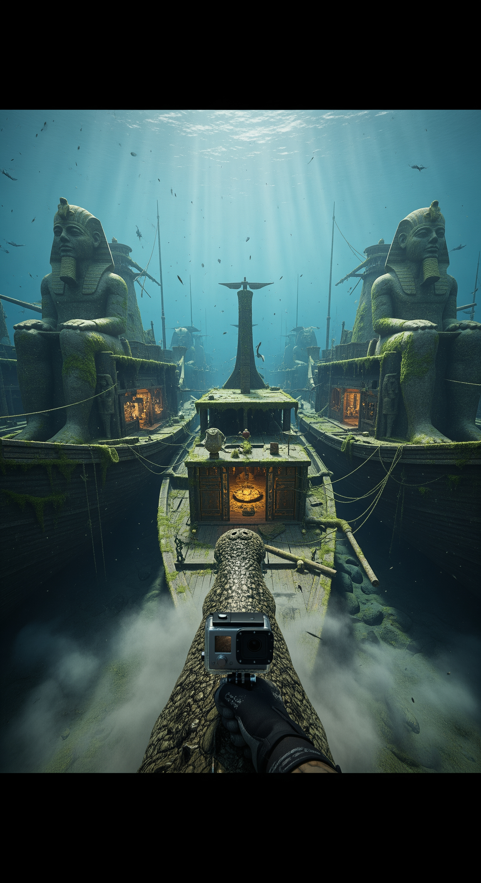 AI Design for First-person crocodile GoPro perspective, emerging from a cloud of river sediment to reveal an enormous hidden fleet of ancient Egyptian warships resting on the riverbed, dozens of massive wooden vessels preserved in darkness, golden decorations glinting through centuries of algae growth, colossal carved pharaoh statues mounted on ship prows, treasure-filled cargo chambers visible through broken hulls, dramatic volumetric light rays illuminating the fleet, realistic underwater physics, cinematic wide reveal shot, awe-inspiring scale, intense documentary-style discovery moment.