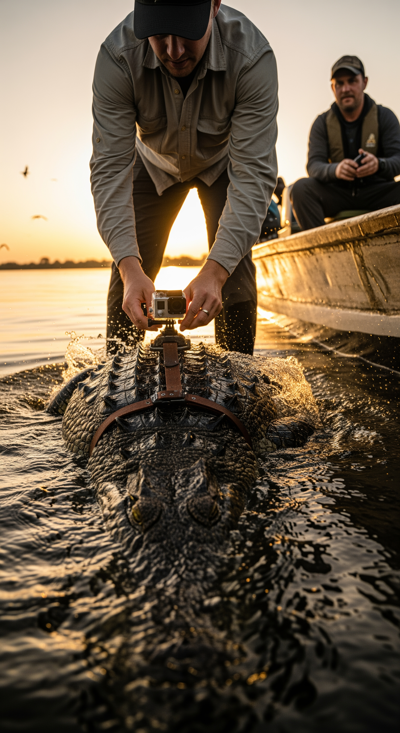 AI Design for Ultra realistic documentary footage, Nile River riverbank at sunrise, a wildlife researcher standing on a small wooden boat carefully attaching a compact action camera onto the back of a massive Nile crocodile, close-up shots of rough crocodile scales, tightening straps, water droplets glistening in golden sunlight, natural handheld camera movement, authentic field research atmosphere, distant bird calls, gentle river waves hitting the boat, crew members speaking softly in the background, cinematic depth of field, realistic skin textures, the crocodile slowly slides into the Nile, splash of water, camera shakes naturally as the animal disappears beneath the surface, high-end wildlife documentary style, photorealistic, immersive environmental audio.