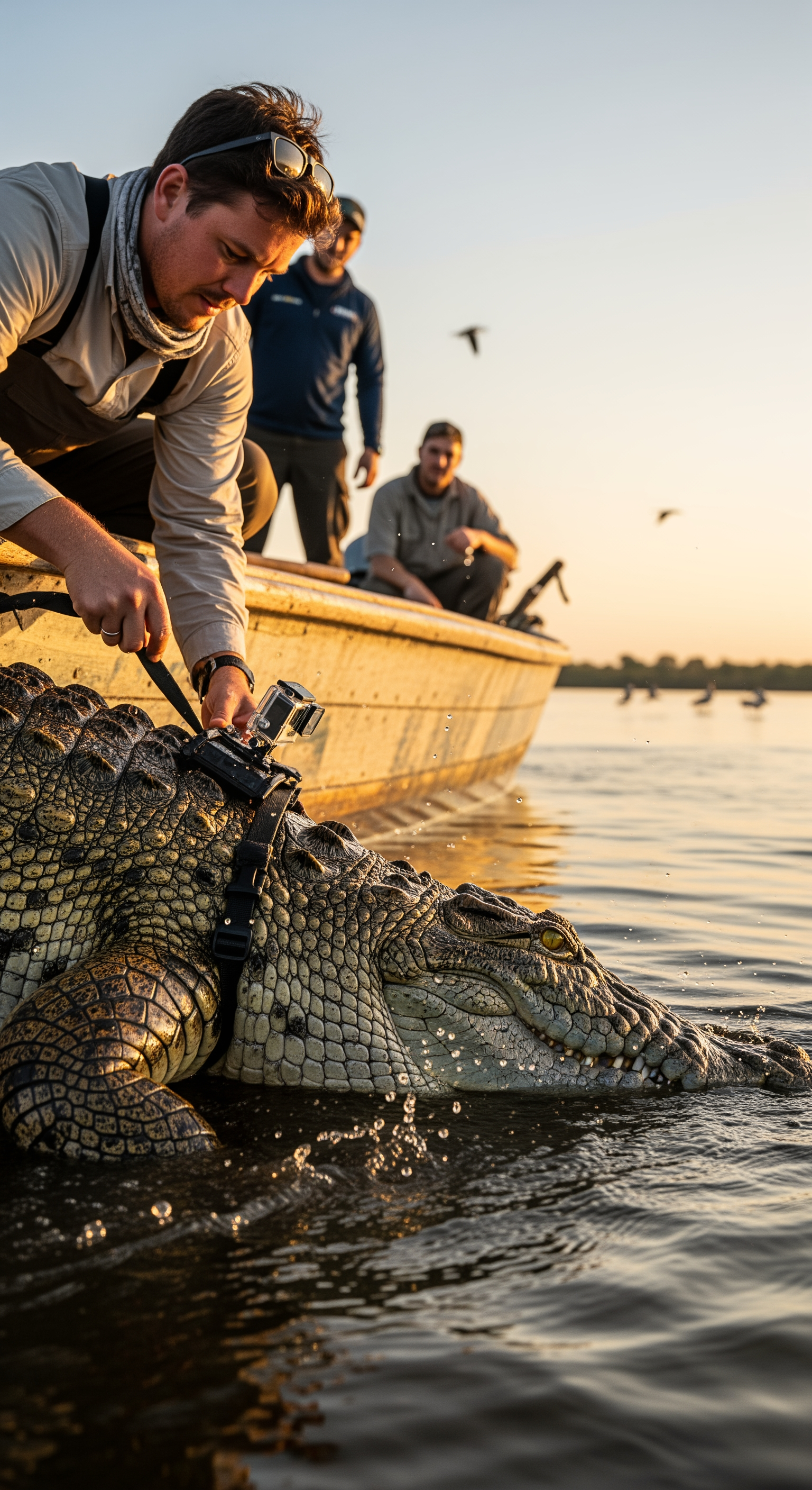 AI Design for Ultra realistic documentary footage, Nile River riverbank at sunrise, a wildlife researcher standing on a small wooden boat carefully attaching a compact action camera onto the back of a massive Nile crocodile, close-up shots of rough crocodile scales, tightening straps, water droplets glistening in golden sunlight, natural handheld camera movement, authentic field research atmosphere, distant bird calls, gentle river waves hitting the boat, crew members speaking softly in the background, cinematic depth of field, realistic skin textures, the crocodile slowly slides into the Nile, splash of water, camera shakes naturally as the animal disappears beneath the surface, high-end wildlife documentary style, photorealistic, immersive environmental audio.