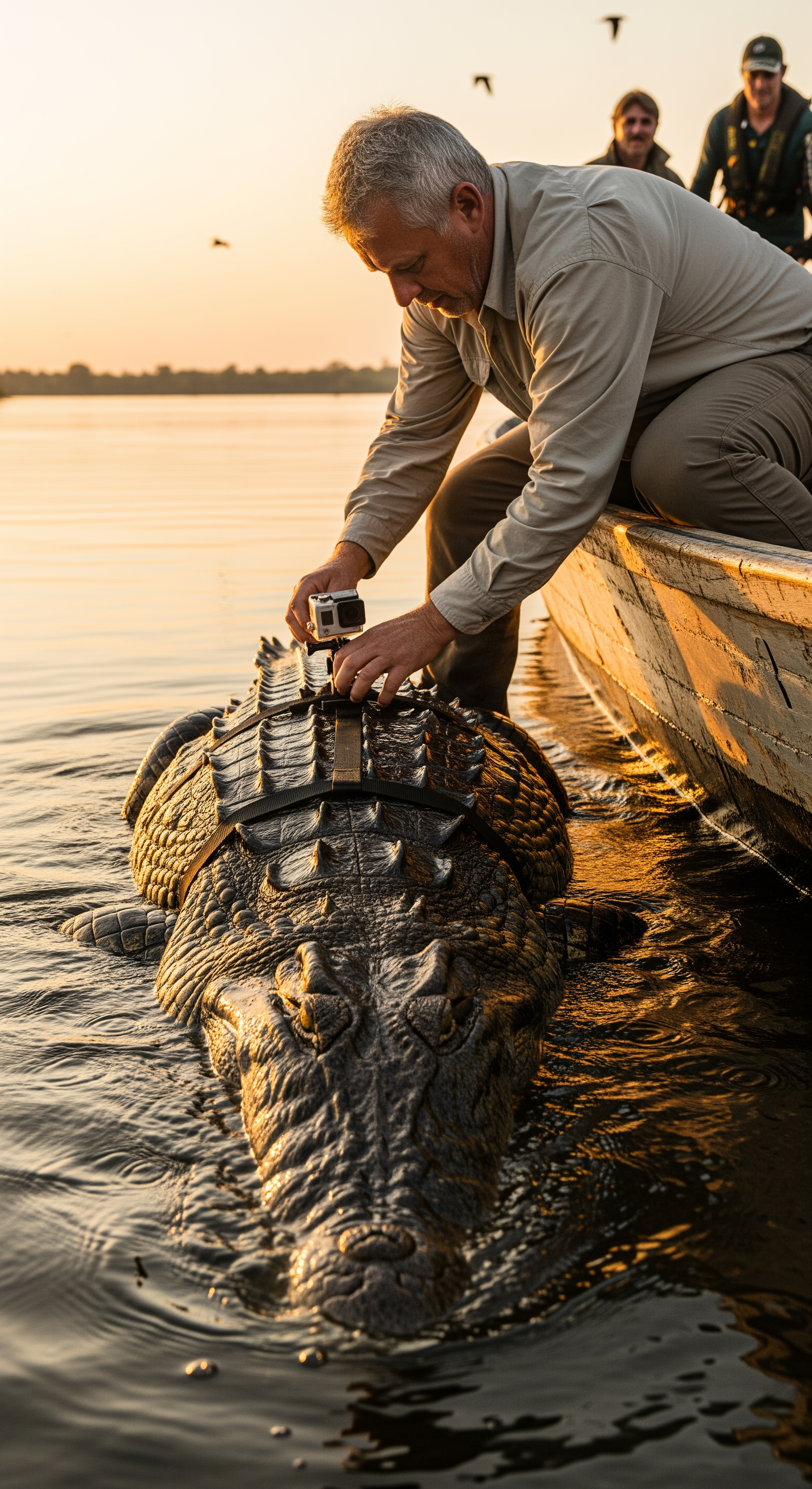 AI Design for Ultra realistic documentary footage, Nile River riverbank at sunrise, a wildlife researcher standing on a small wooden boat carefully attaching a compact action camera onto the back of a massive Nile crocodile, close-up shots of rough crocodile scales, tightening straps, water droplets glistening in golden sunlight, natural handheld camera movement, authentic field research atmosphere, distant bird calls, gentle river waves hitting the boat, crew members speaking softly in the background, cinematic depth of field, realistic skin textures, the crocodile slowly slides into the Nile, splash of water, camera shakes naturally as the animal disappears beneath the surface, high-end wildlife documentary style, photorealistic, immersive environmental audio.