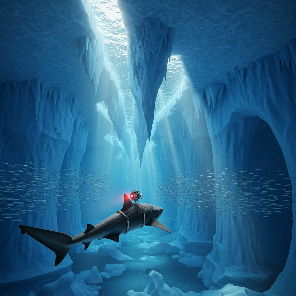 AI Design for Third-person cinematic tracking shot following the shark beneath thick Greenland sea ice. The newly attached camera is visible on its body. Massive blue ice formations hang overhead like frozen cathedrals. The shark glides deeper through crystal-clear Arctic water. Schools of fish scatter naturally. Sunlight filters through cracks in the ice, creating moving shafts of volumetric light. Slow cinematic drone-like underwater movement mixed with realistic underwater currents. Ice groans echo through the environment. Strong sense of scale, realistic aquatic physics, immersive nature documentary style, tension gradually building.