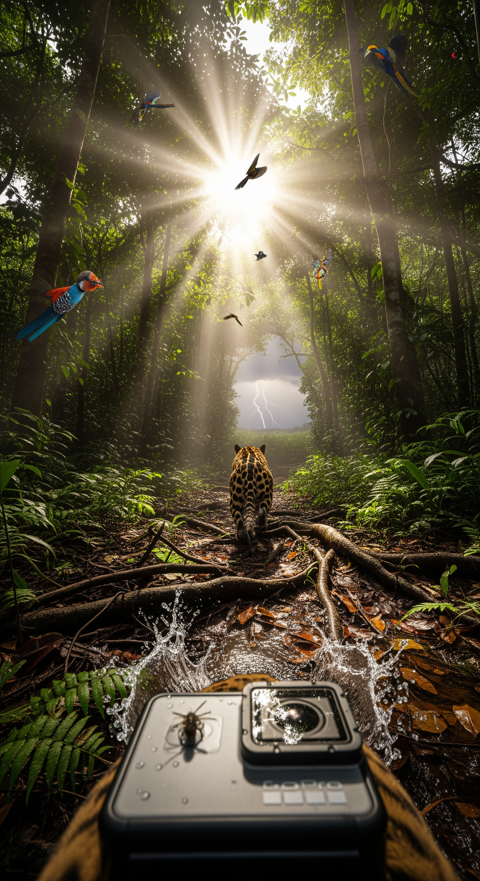 AI Design for Full first-person jaguar GoPro perspective. Wide-angle action camera view racing through dense Amazon rainforest. Powerful strides carry the viewer over tangled roots, muddy trails, and shallow streams. Subtle body-mounted camera sway and realistic head movement create authentic animal motion. Ferns brush against the lens. Insects scatter. Bright shafts of sunlight pierce through thick jungle canopy, creating dramatic volumetric rays. Water droplets splash across the camera during a river crossing. Exotic birds burst from trees overhead. The atmosphere feels ancient and untouched. Dynamic shadows dance across the forest floor while distant thunder rumbles beyond the horizon. Hyper-realistic environmental storytelling, natural physics, immersive suspense building as the jaguar moves deeper into unexplored wilderness.