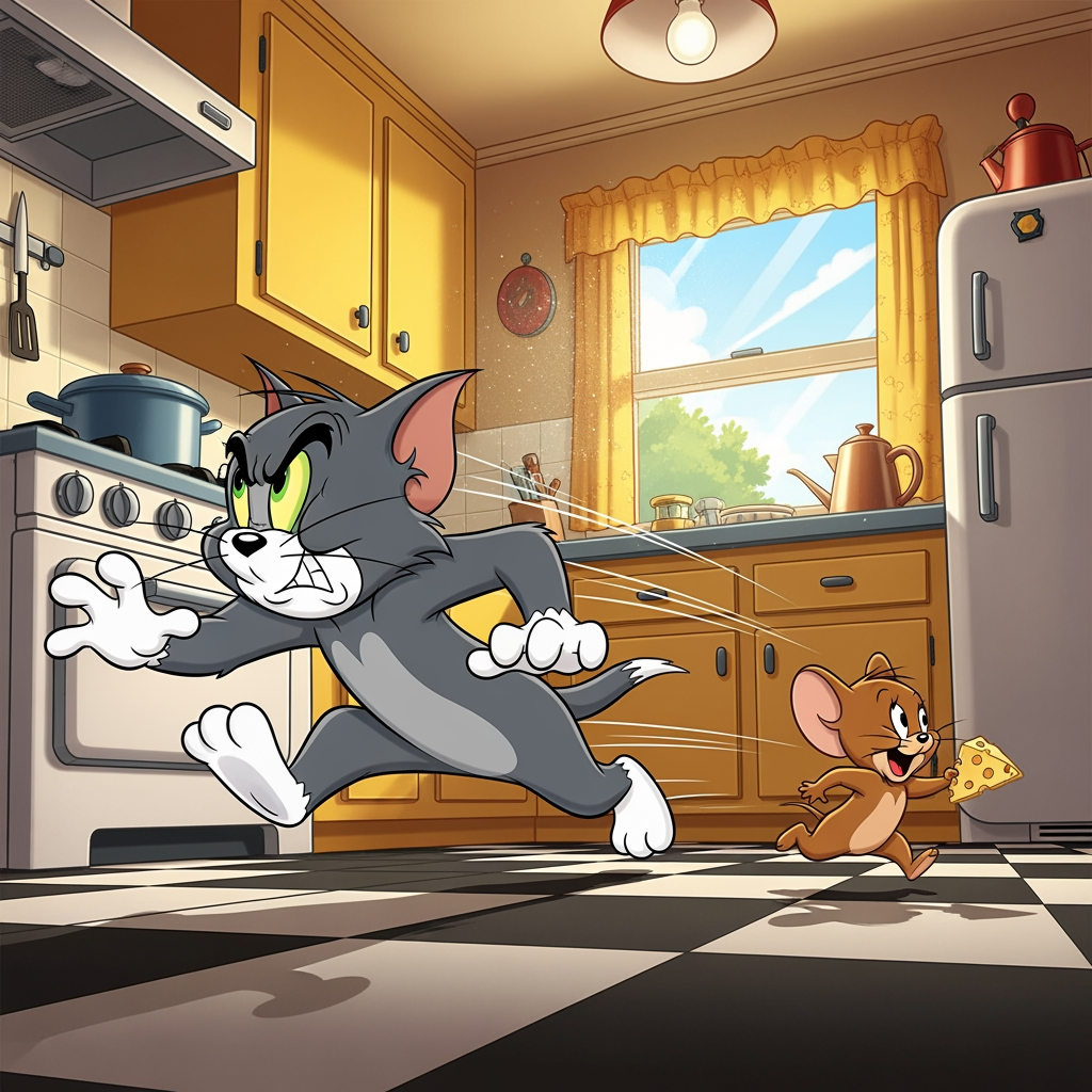 AI Design for Prompt: A classic style 2D animated cartoon illustration of Tom and Jerry, featuring bold line work and vibrant colors in the classic 1950s style. Tom, a grey and white housecat with a determined yet frustrated expression, is lunging forward across a kitchen floor. Jerry, a small, cheerful brown mouse, is sprinting ahead of him with a cheeky grin, holding a small piece of cheese. The background shows a cozy, retro kitchen with a checkered floor. High energy, funny, and cinematic composition.