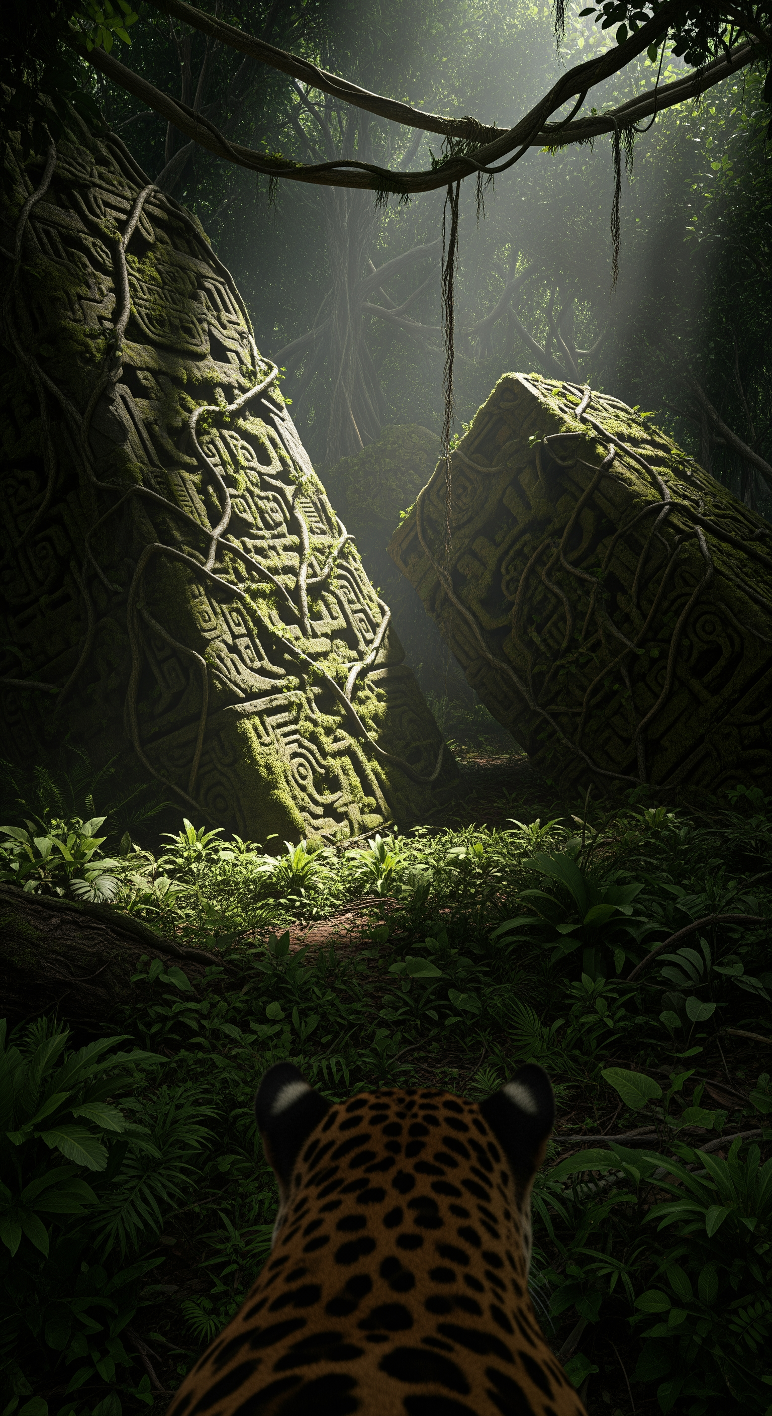 AI Design for First-person jaguar POV continues. The animal slows suddenly. Ears twitch. The camera subtly tilts toward strange geometric shapes partially hidden beneath vines and moss. Something unnatural interrupts the organic patterns of the jungle. Massive stone blocks emerge from dense vegetation. The jaguar cautiously approaches. Camera movement becomes slower and more deliberate. Ancient carvings are barely visible beneath centuries of growth. Sunlight catches sharp edges that should not exist in nature. The surrounding jungle grows eerily quiet. Only distant insects remain. Vines sway gently despite still air. Suspense intensifies through realistic camera breathing motion, subtle body shifts, wide-angle lens distortion, deep shadows concealing unknown structures beyond the foliage.