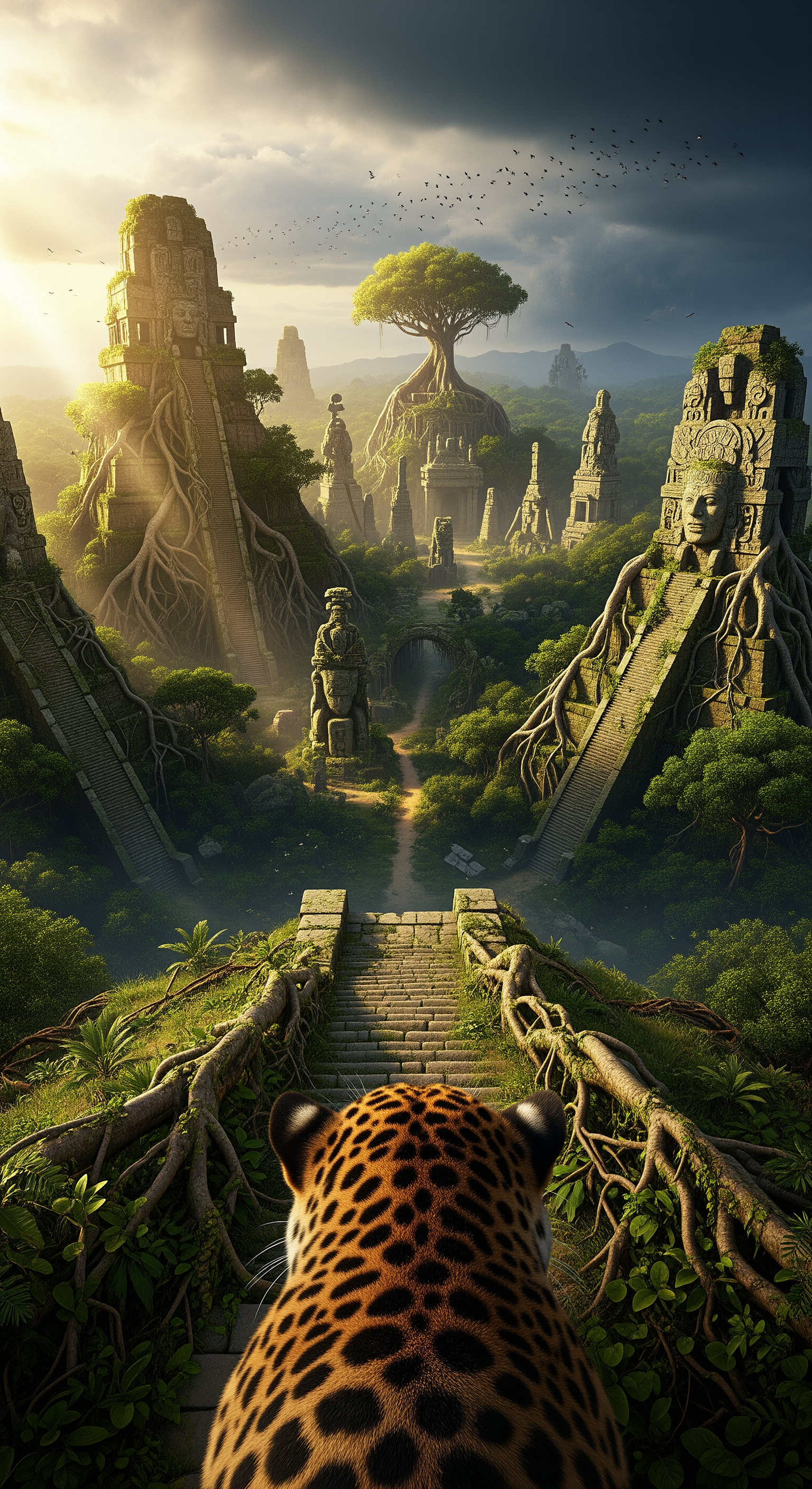 AI Design for Epic cinematic first-person reveal. The jaguar climbs a moss-covered ridge and suddenly overlooks an enormous forgotten city swallowed by the Amazon. Vast stone pyramids, collapsed temples, ceremonial plazas, and towering monuments stretch across the jungle canopy. Trees grow through rooftops and ancient stairways. Golden sunlight breaks through storm clouds, illuminating the hidden metropolis with dramatic volumetric beams. Birds circle above crumbling structures. The camera slowly scans across the breathtaking scene with realistic animal head movements. Massive roots wrap around carved statues. Ancient roads disappear beneath vegetation. Environmental storytelling suggests a lost civilization untouched for centuries. Ultra-realistic textures, dynamic shadows, cinematic scale, awe-inspiring discovery moment, documentary realism, photorealistic jungle atmosphere.