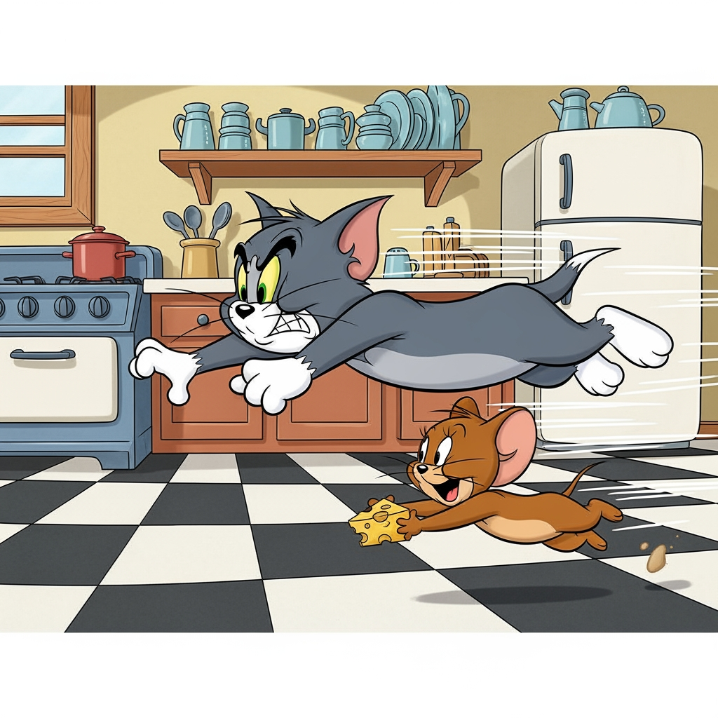 AI Design for Prompt: A classic style 2D animated cartoon illustration of Tom and Jerry, featuring bold line work and vibrant colors in the classic 1950s style. Tom, a grey and white housecat with a determined yet frustrated expression, is lunging forward across a kitchen floor. Jerry, a small, cheerful brown mouse, is sprinting ahead of him with a cheeky grin, holding a small piece of cheese. The background shows a cozy, retro kitchen with a checkered floor. High energy, funny, and cinematic composition.