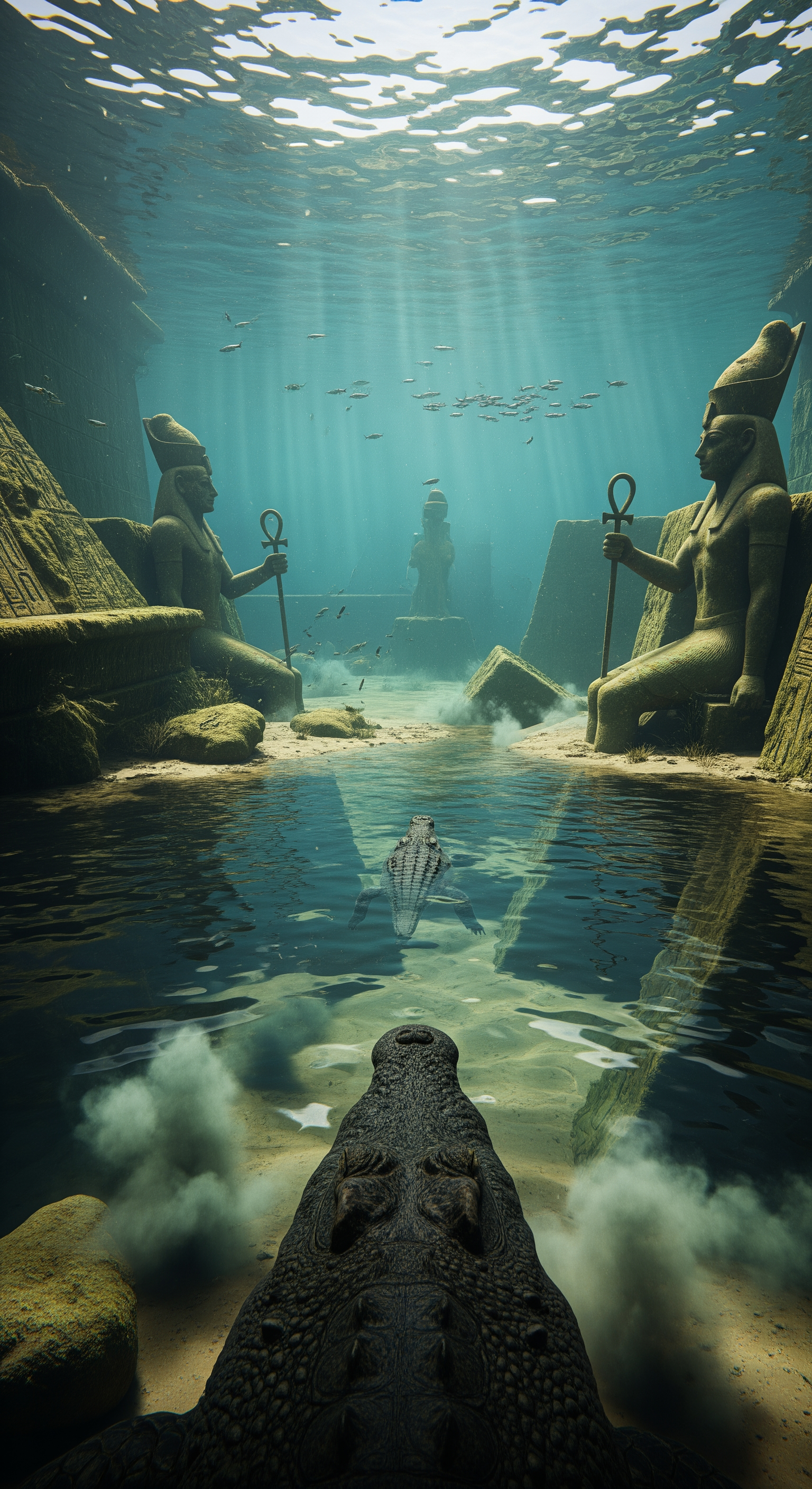 AI Design for First-person crocodile POV, moving through a forgotten underwater canyon hidden beneath layers of silt, strange geometric stone structures emerging from darkness, partially buried carved statues of ancient Egyptian warriors, fish suddenly fleeing the area, unsettling silence replacing natural river sounds, camera subtly tilting as the crocodile investigates, beams of sunlight revealing unnatural shapes beneath sediment, detailed environmental storytelling, mysterious atmosphere, realistic sediment clouds swirling through the water, growing sense of discovery and danger.