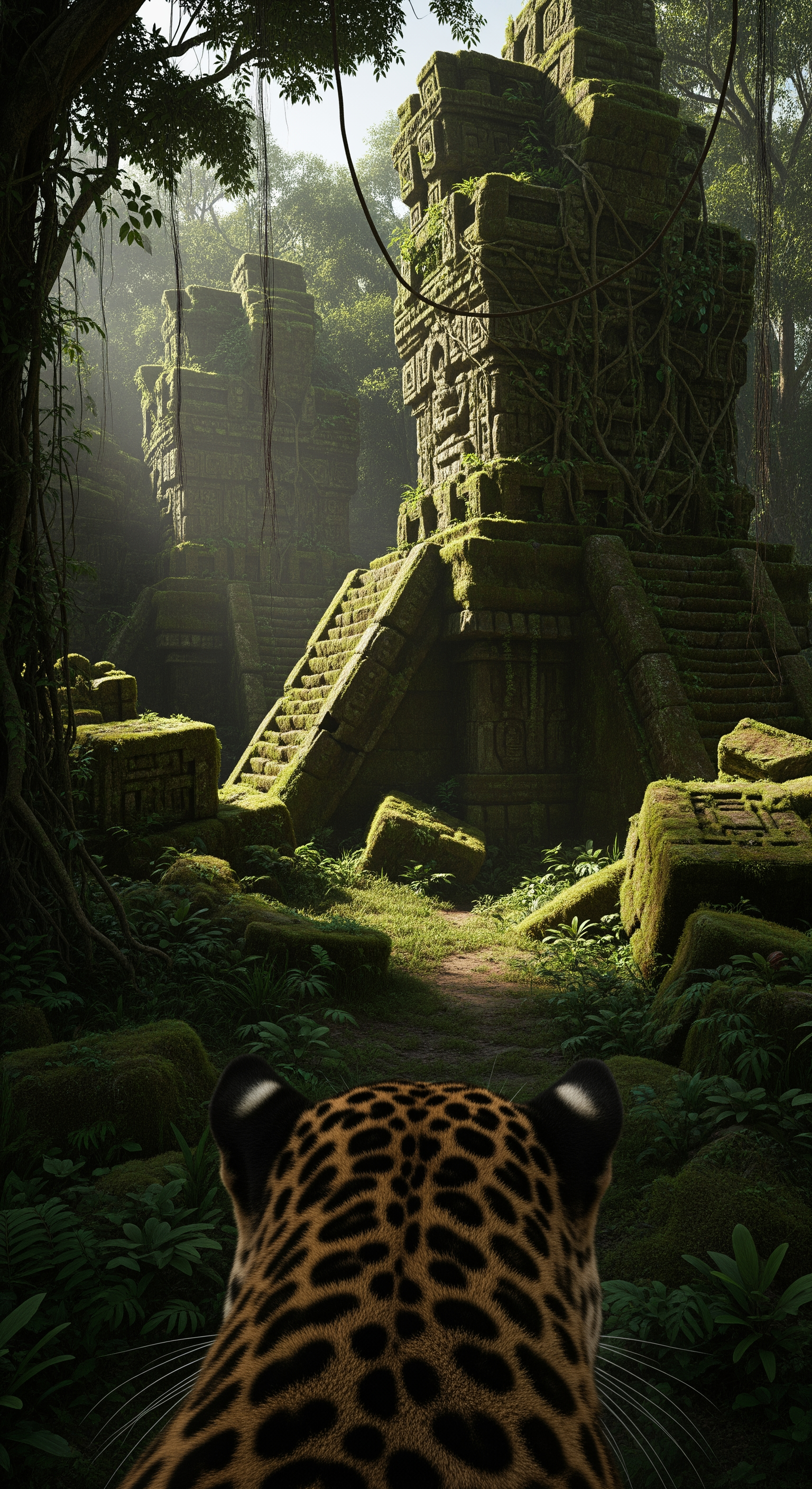 AI Design for First-person jaguar POV continues. The animal slows suddenly. Ears twitch. The camera subtly tilts toward strange geometric shapes partially hidden beneath vines and moss. Something unnatural interrupts the organic patterns of the jungle. Massive stone blocks emerge from dense vegetation. The jaguar cautiously approaches. Camera movement becomes slower and more deliberate. Ancient carvings are barely visible beneath centuries of growth. Sunlight catches sharp edges that should not exist in nature. The surrounding jungle grows eerily quiet. Only distant insects remain. Vines sway gently despite still air. Suspense intensifies through realistic camera breathing motion, subtle body shifts, wide-angle lens distortion, deep shadows concealing unknown structures beyond the foliage.
