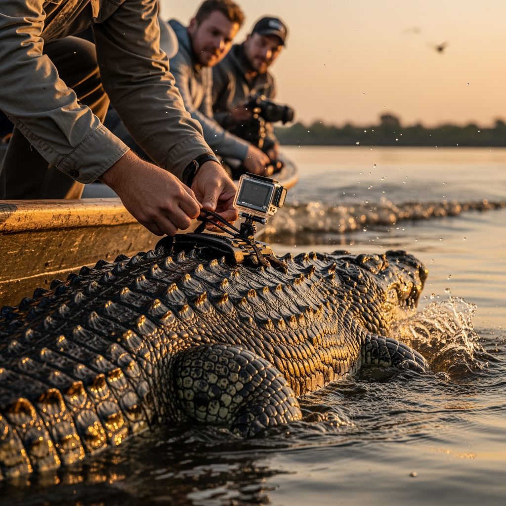 AI Design for Ultra realistic documentary footage, Nile River riverbank at sunrise, a wildlife researcher standing on a small wooden boat carefully attaching a compact action camera onto the back of a massive Nile crocodile, close-up shots of rough crocodile scales, tightening straps, water droplets glistening in golden sunlight, natural handheld camera movement, authentic field research atmosphere, distant bird calls, gentle river waves hitting the boat, crew members speaking softly in the background, cinematic depth of field, realistic skin textures, the crocodile slowly slides into the Nile, splash of water, camera shakes naturally as the animal disappears beneath the surface, high-end wildlife documentary style, photorealistic, immersive environmental audio.