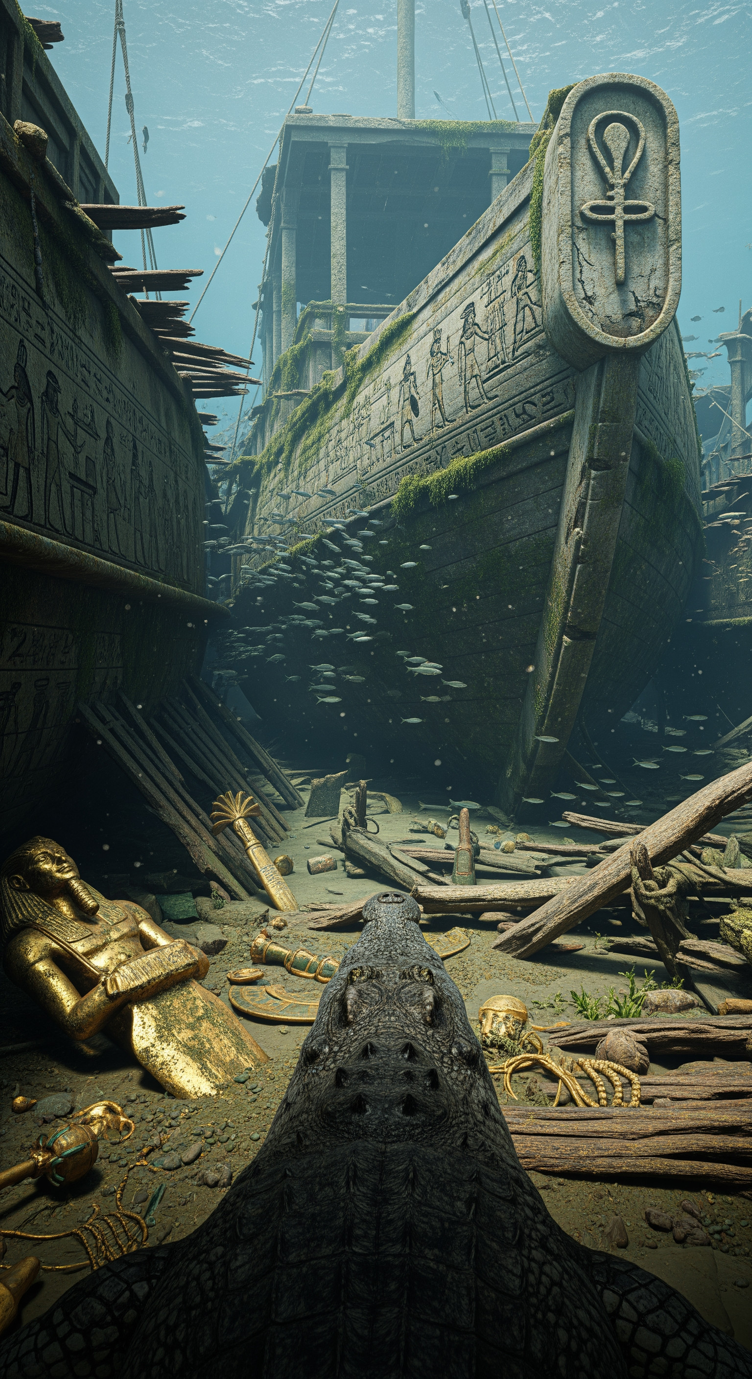 AI Design for First-person crocodile POV gliding between the ancient ships, camera brushing past weathered wooden hulls covered in river growth, detailed hieroglyphics carved into the sides, golden artifacts partially buried beneath mud, broken ceremonial weapons scattered across decks, fish swimming through collapsed cabins, realistic action-cam motion and subtle body sway, close-up inspection of a royal flagship bearing the symbol of a forgotten pharaoh, cinematic shadows and atmospheric lighting, every detail rich with historical mystery and suspense.