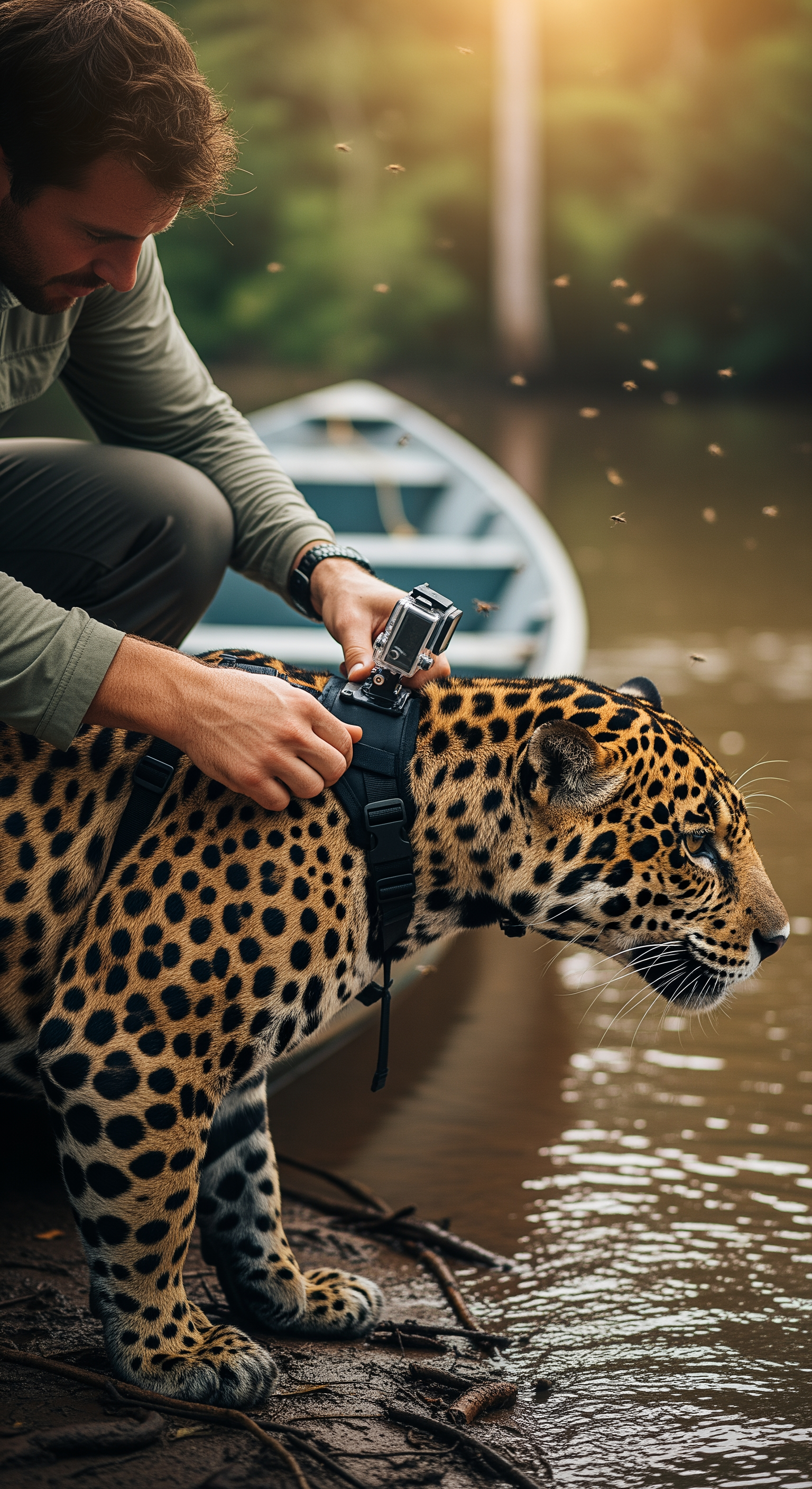 AI Design for Ultra-realistic cinematic wildlife documentary footage. A wildlife researcher kneels on a muddy Amazon riverbank beside a narrow research boat at sunrise. Close-up of rough hands carefully attaching a small body-mounted action camera harness onto the neck and shoulders of a powerful jaguar. Natural handheld camera movement captures every detail: wet fur glistening with river mist, buckles tightening, researcher breathing heavily, insects buzzing, distant howler monkeys echoing through the jungle. The jaguar shifts its weight nervously, muscles rippling beneath spotted fur. Water gently laps against the boat. Volumetric morning light filters through dense rainforest canopy. Extreme close-ups of the camera locking into place. The researcher steps back and releases the jaguar. The animal sprints into dense vegetation as leaves whip past the lens. Realistic physics, dynamic shadows, immersive ambient soundscape, cinematic depth of field, nature documentary realism, 4K wildlife cinematography.