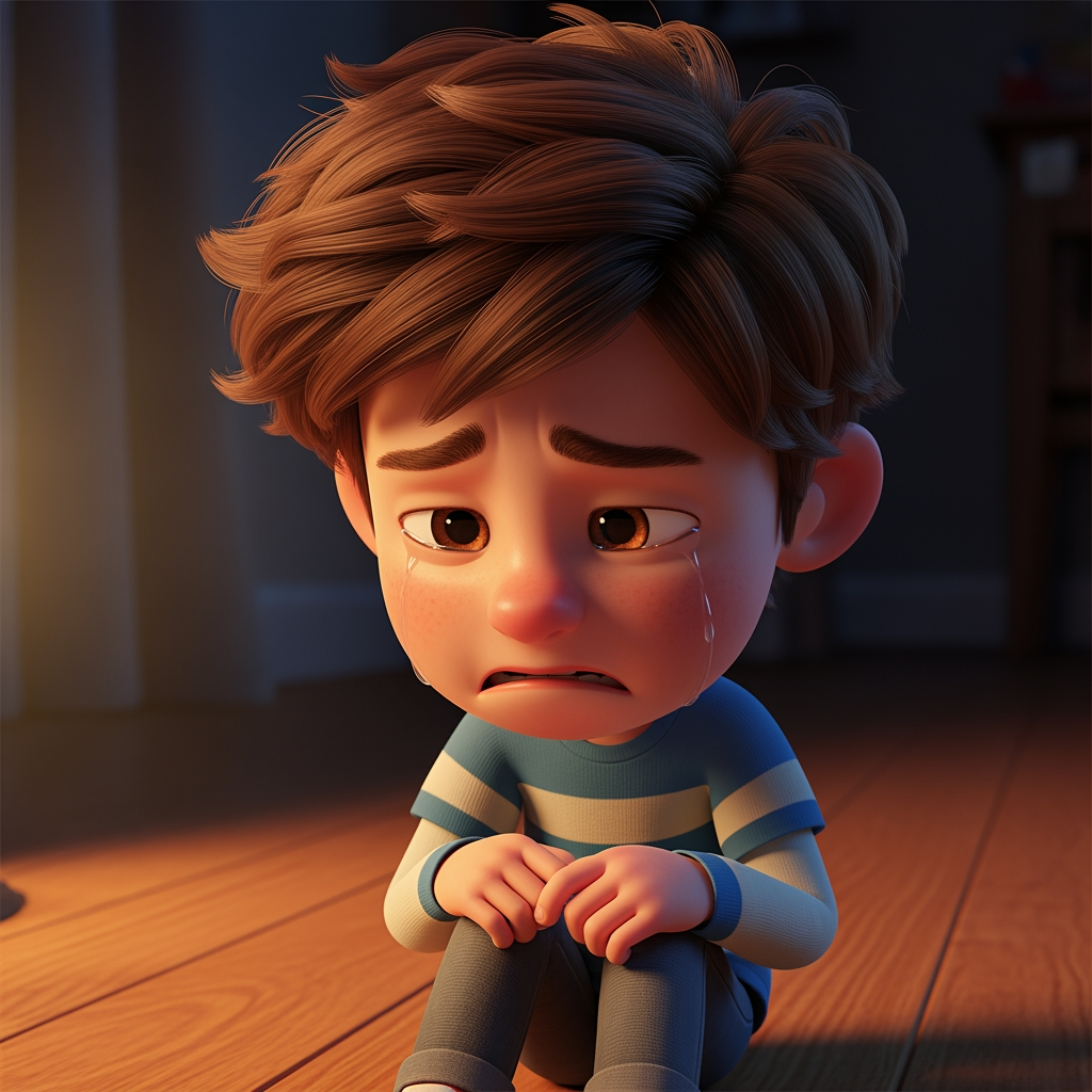 AI Design for A 3D Pixar style emotional scene. A 7-year-old cute boy with brown messy hair, wearing a blue and white striped shirt, sitting on a wooden floor and crying, looking down sadly. Close-up shot, dramatic warm indoor lighting, high detail, cinematic.