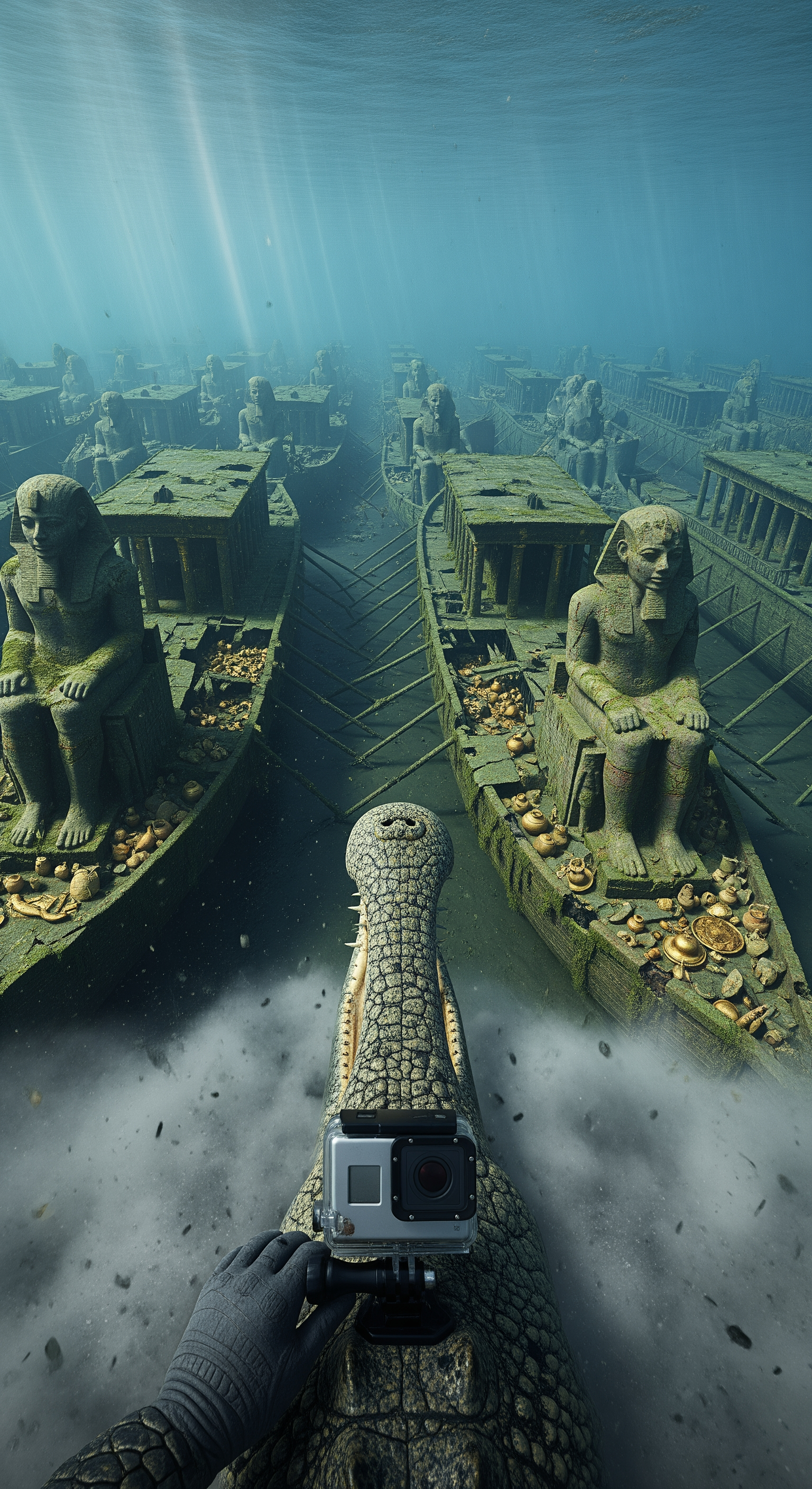 AI Design for First-person crocodile GoPro perspective, emerging from a cloud of river sediment to reveal an enormous hidden fleet of ancient Egyptian warships resting on the riverbed, dozens of massive wooden vessels preserved in darkness, golden decorations glinting through centuries of algae growth, colossal carved pharaoh statues mounted on ship prows, treasure-filled cargo chambers visible through broken hulls, dramatic volumetric light rays illuminating the fleet, realistic underwater physics, cinematic wide reveal shot, awe-inspiring scale, intense documentary-style discovery moment.
