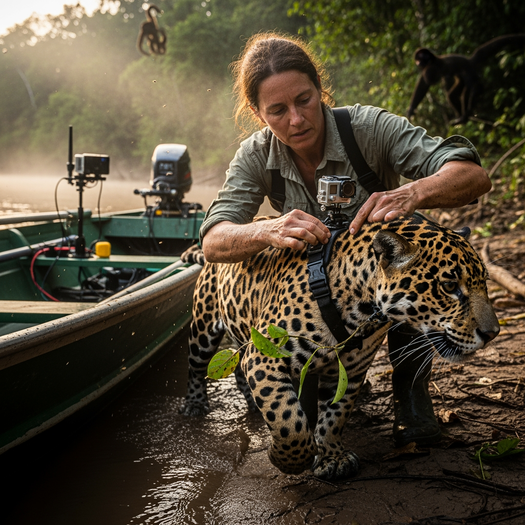 AI Design for Ultra-realistic cinematic wildlife documentary footage. A wildlife researcher kneels on a muddy Amazon riverbank beside a narrow research boat at sunrise. Close-up of rough hands carefully attaching a small body-mounted action camera harness onto the neck and shoulders of a powerful jaguar. Natural handheld camera movement captures every detail: wet fur glistening with river mist, buckles tightening, researcher breathing heavily, insects buzzing, distant howler monkeys echoing through the jungle. The jaguar shifts its weight nervously, muscles rippling beneath spotted fur. Water gently laps against the boat. Volumetric morning light filters through dense rainforest canopy. Extreme close-ups of the camera locking into place. The researcher steps back and releases the jaguar. The animal sprints into dense vegetation as leaves whip past the lens. Realistic physics, dynamic shadows, immersive ambient soundscape, cinematic depth of field, nature documentary realism, 4K wildlife cinematography.